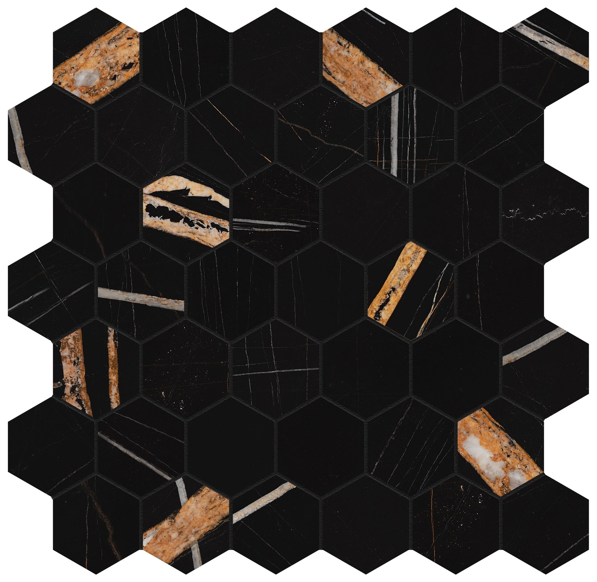 Majesto Sahara Noir porcelain mosaic by Anatolia, top-down product view, 11 23/32"×11 27/32"×11/32" size. Turkish porcelain for floors and walls.