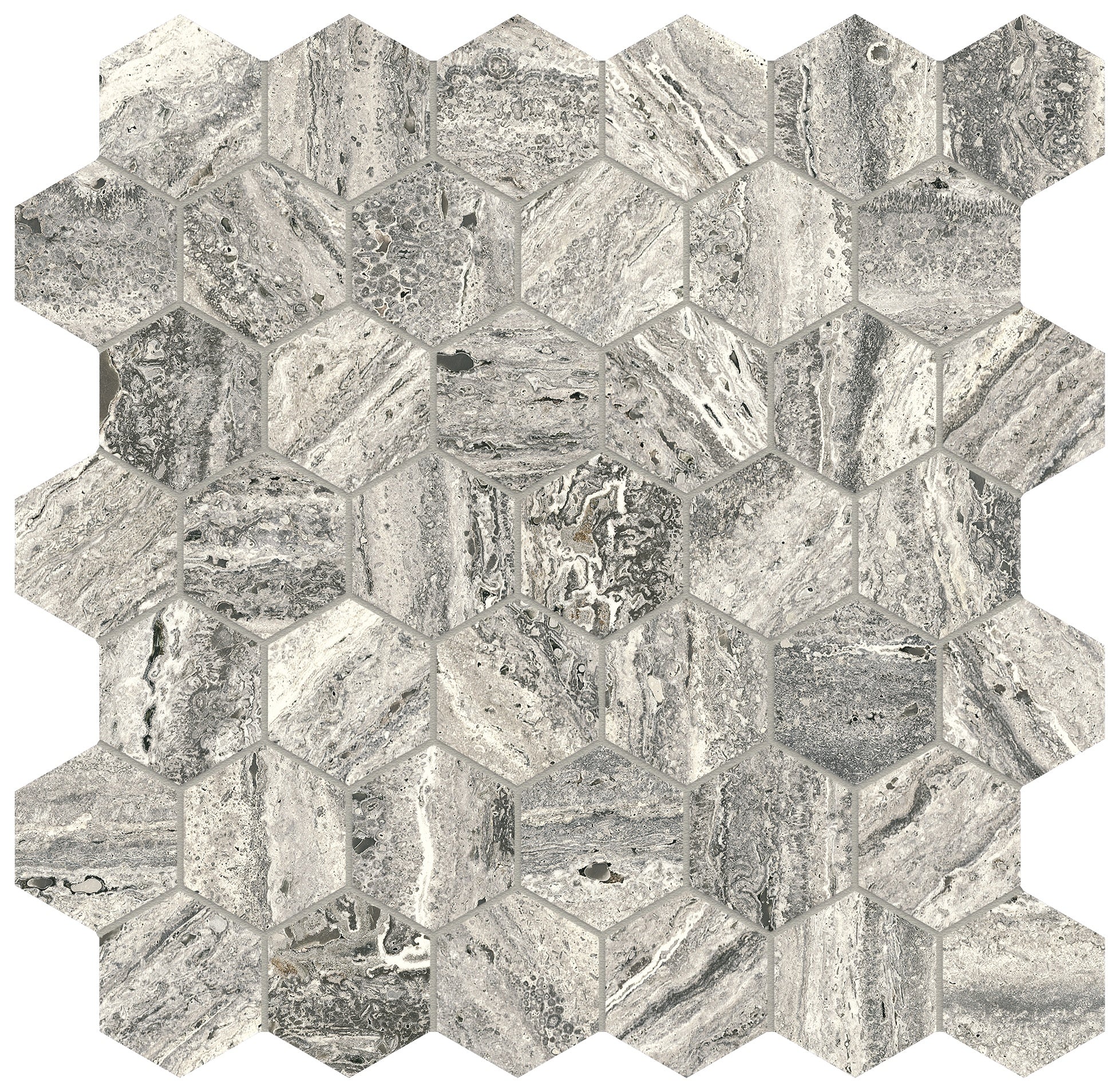 Majesto Travertino Titanium porcelain mosaic by Anatolia, top-down product view, 11 23/32"×11 27/32"×11/32" size. Turkish porcelain for floors and walls.