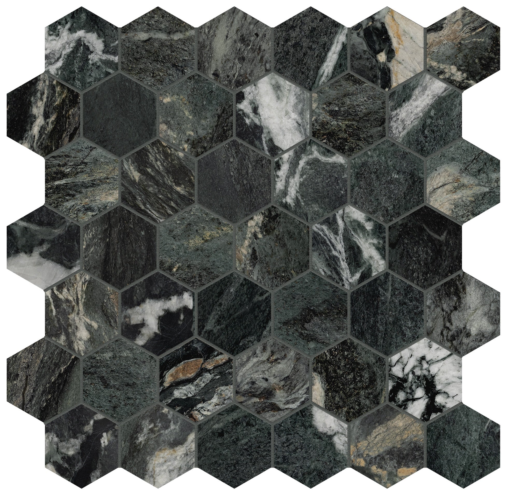 Majesto Verdi Alpi porcelain mosaic by Anatolia, top-down product view, 11 23/32"×11 27/32"×11/32" size. Turkish porcelain for floors and walls.