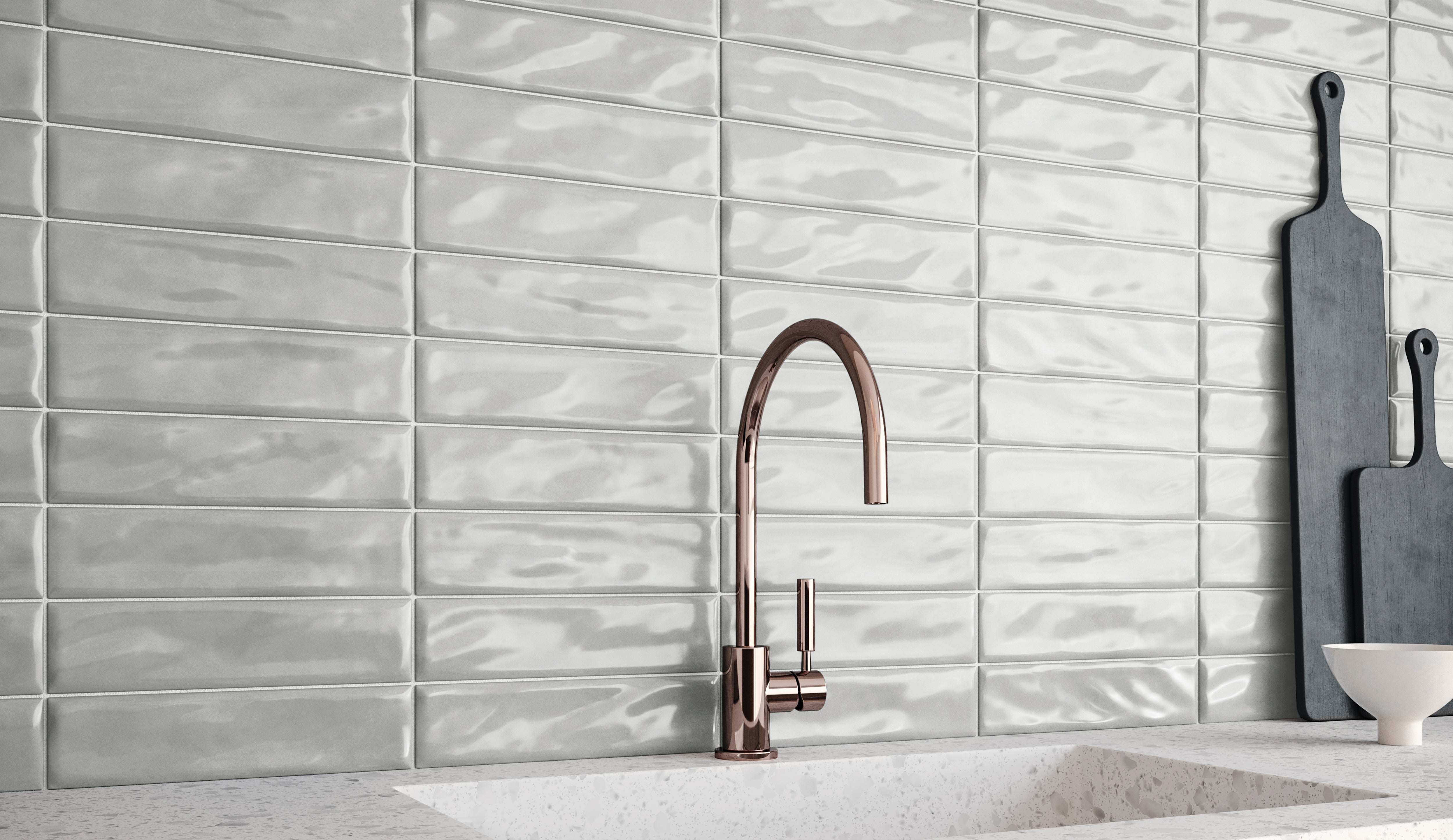 Marlow Tide ceramic trim by Anatolia, top-down product view, 12"×11 13/16"×3/8" size. Vietnamese ceramic for floors and walls.