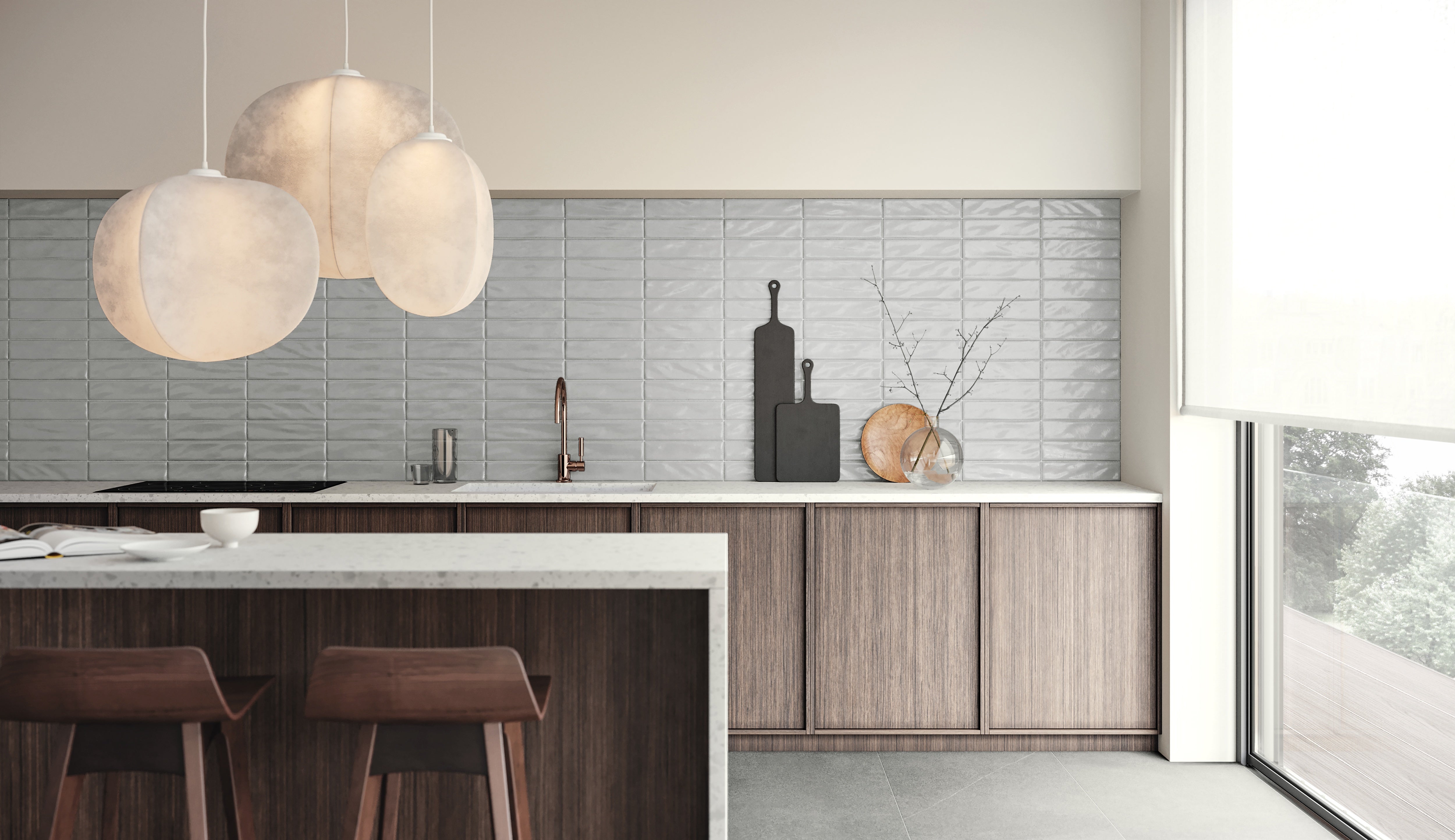 Marlow Tide ceramic trim by Anatolia, top-down product view, 12"×11 13/16"×3/8" size. Vietnamese ceramic for floors and walls.