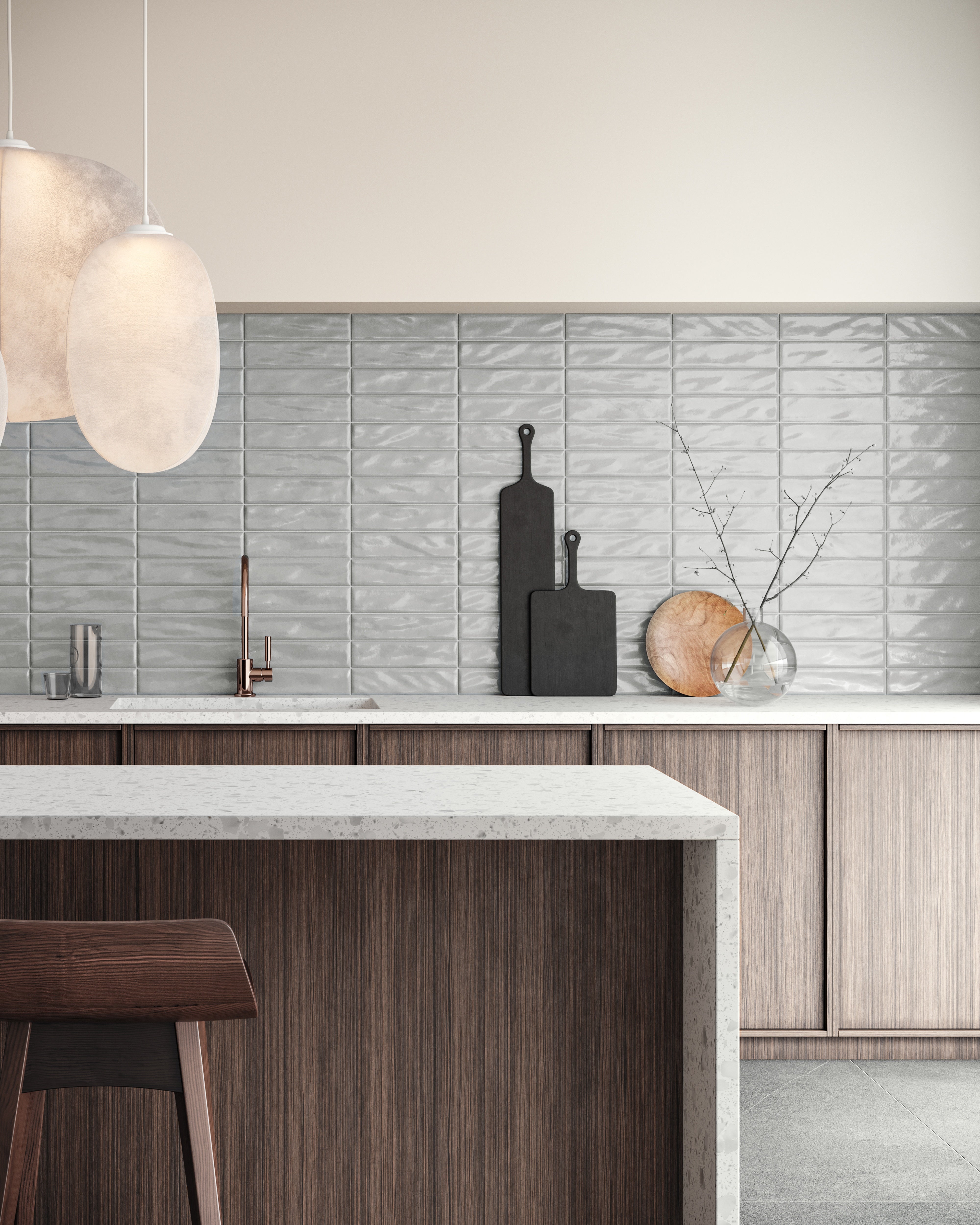 Marlow Tide ceramic trim by Anatolia, top-down product view, 12"×11 13/16"×3/8" size. Vietnamese ceramic for floors and walls.