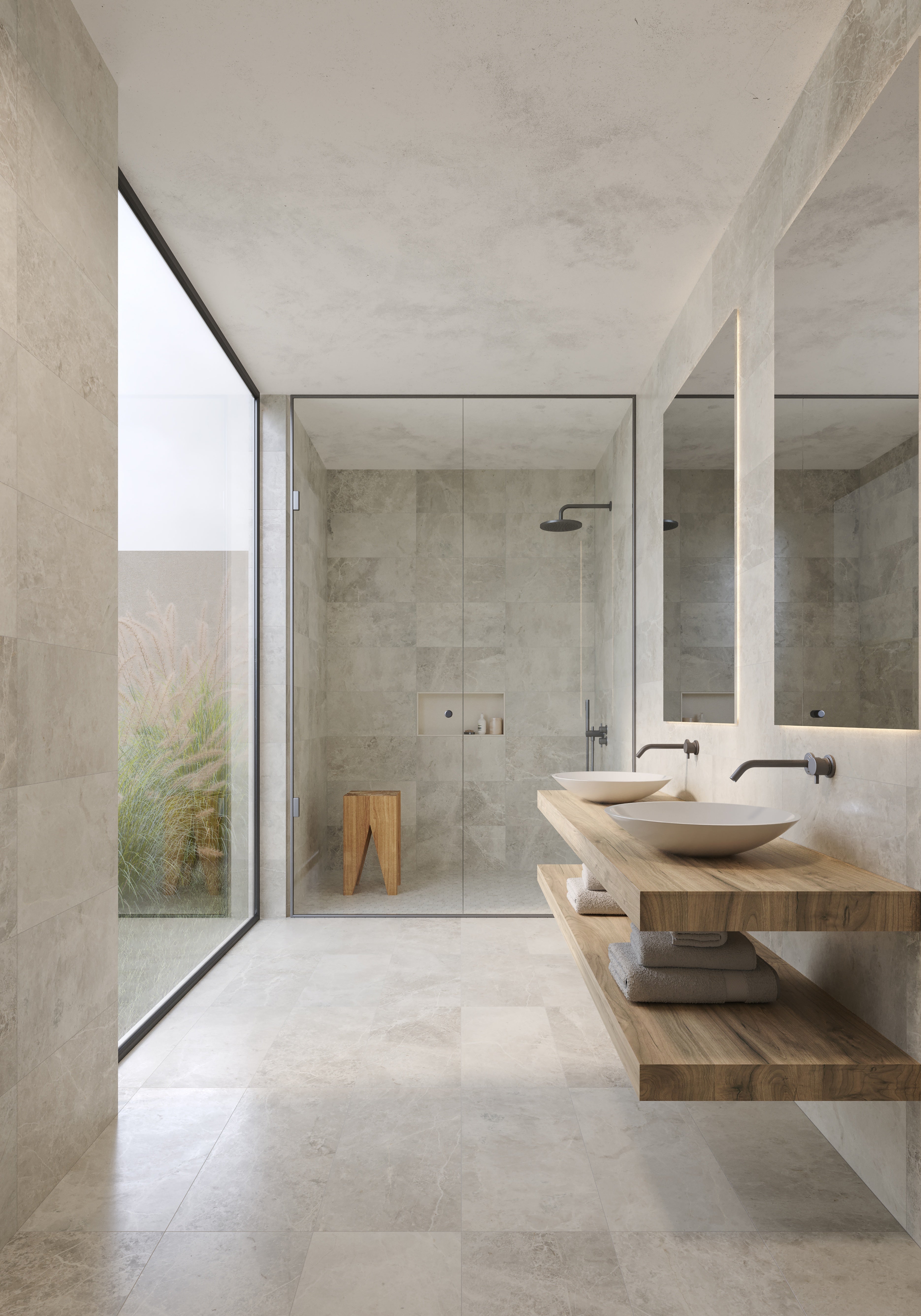 Marmiline Mist engineered stone trim by Anatolia, top-down product view, 14"×36"×19/32" size. Chinese engineered stone for floors and walls.