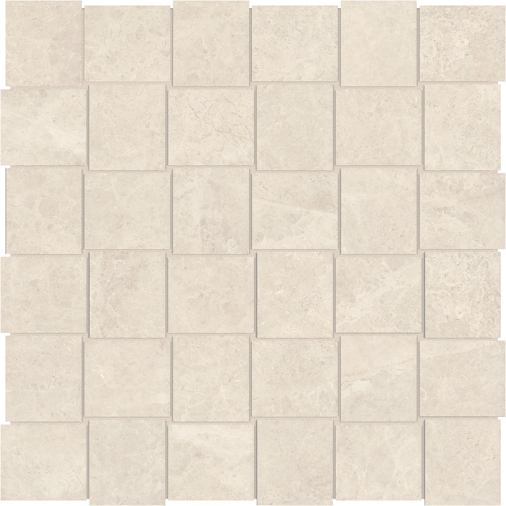 Mayfair Allure Ivory porcelain mosaic by Anatolia, top-down product view, 11 27/32"×11 27/32"×11/32" size. Indian porcelain for floors and walls.