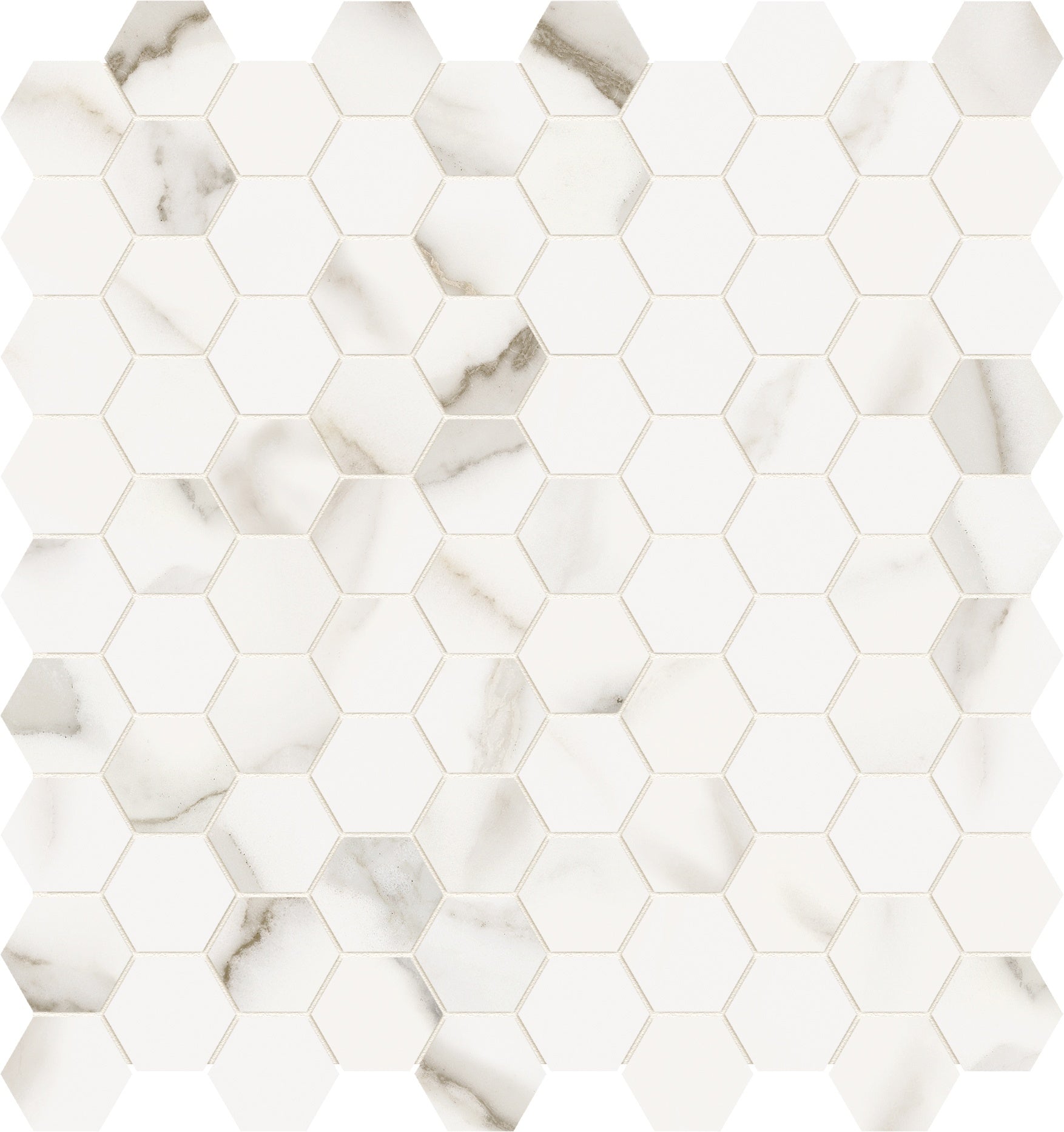 Mayfair Calacatta Oro porcelain mosaic by Anatolia, top-down product view, 11 9/16"×12 1/16"×11/32" size. Indian porcelain for floors and walls.