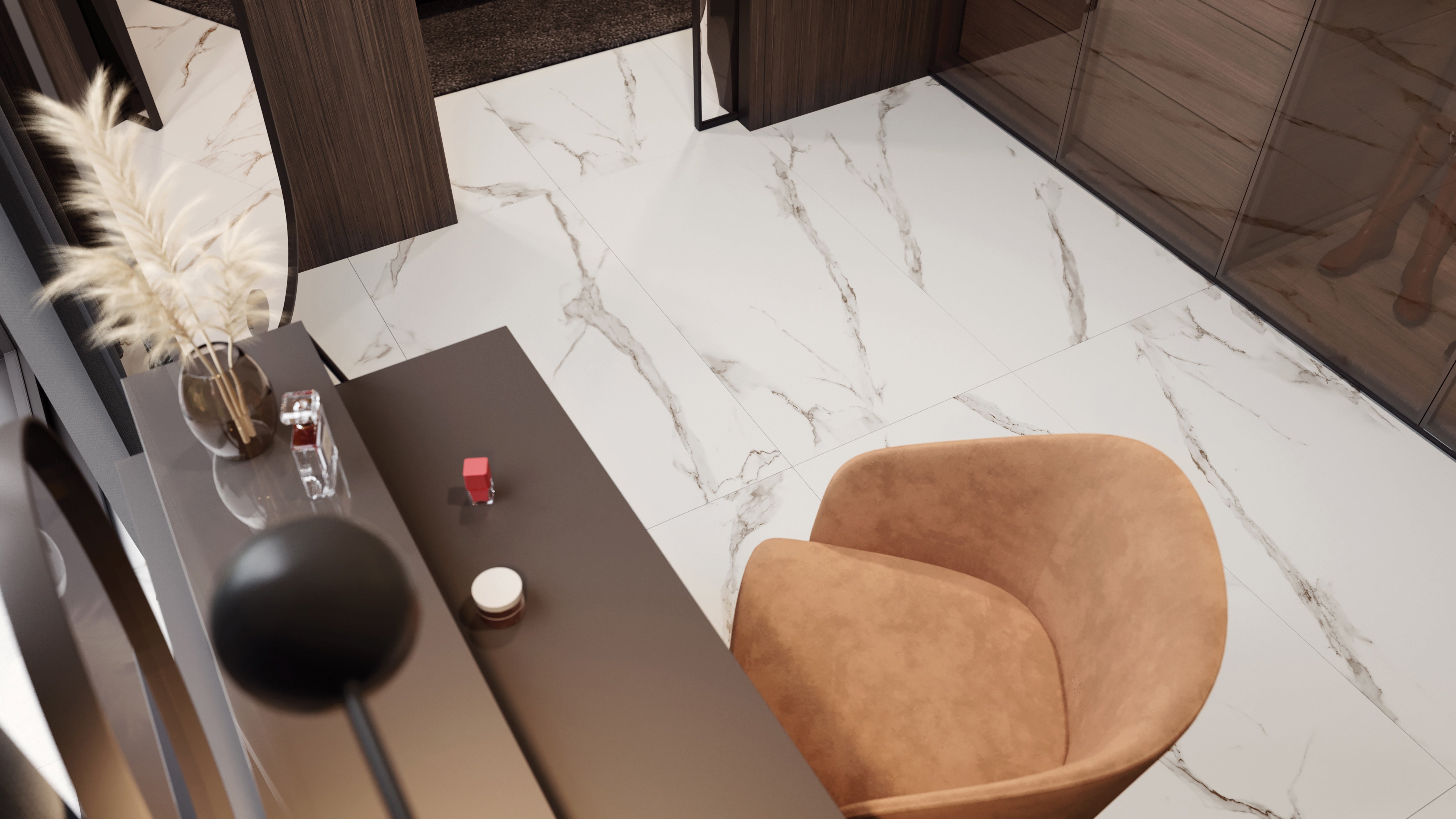 Mayfair Calacatta Oro porcelain trim by Anatolia, top-down product view, 3"×12"×11/32" size. Indian porcelain for floors and walls.