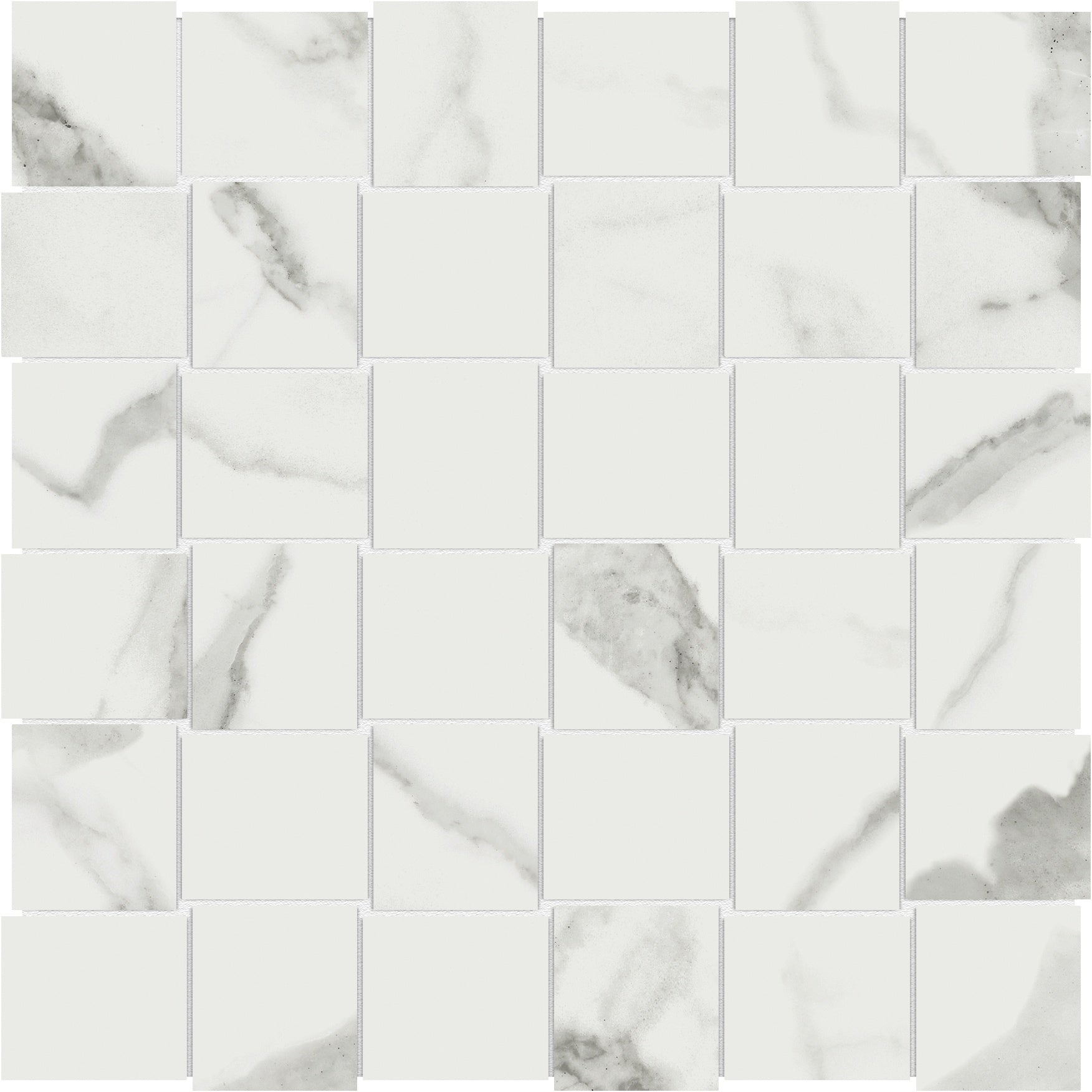 Mayfair Statuario Venato porcelain mosaic by Anatolia, top-down product view, 11 27/32"×11 27/32"×11/32" size. Indian porcelain for floors and walls.