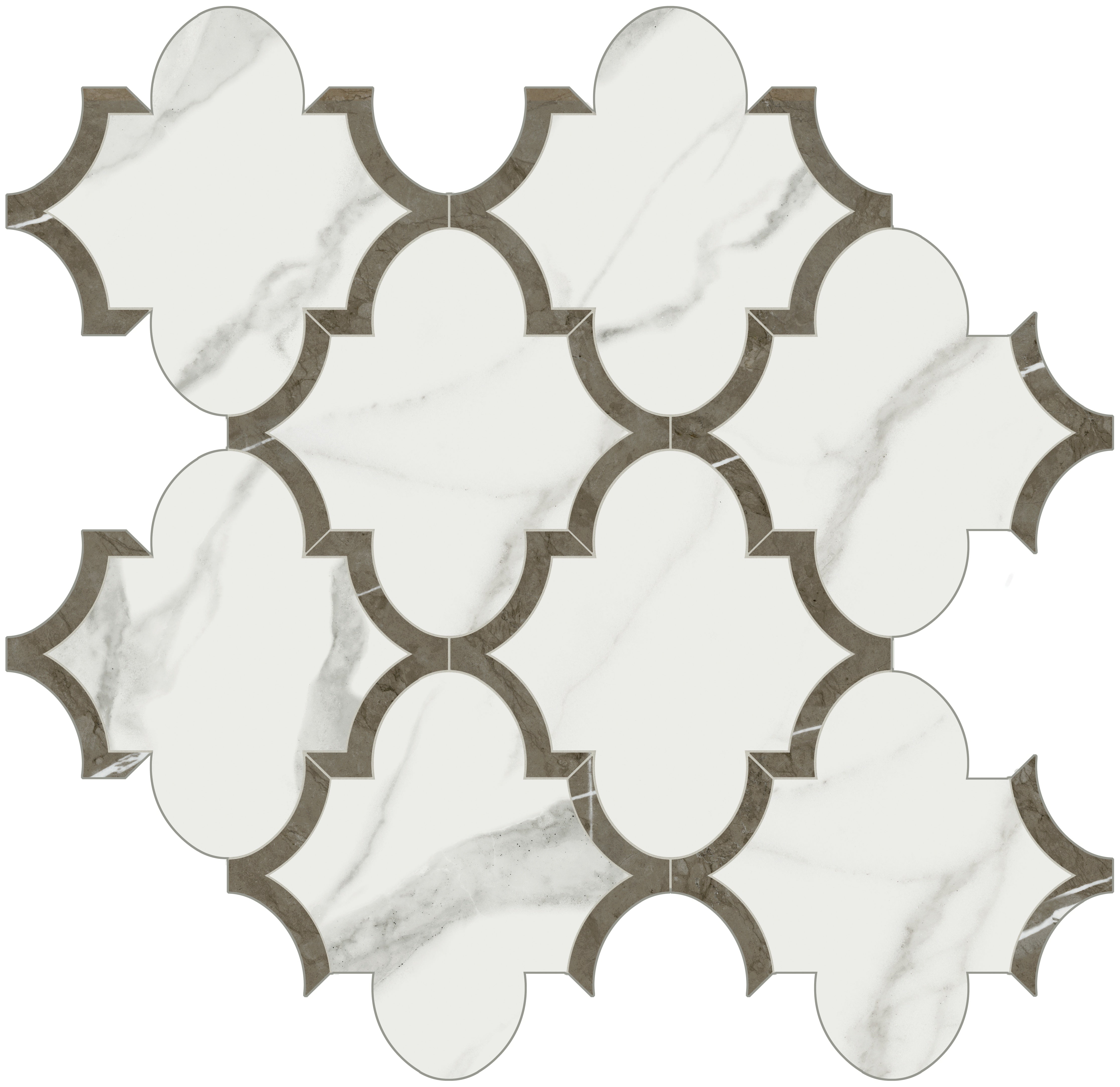 Mayfair Statuario Venato porcelain mosaic by Anatolia, top-down product view, 11 5/8"×11 5/8"×11/32" size. Indian porcelain for floors and walls.