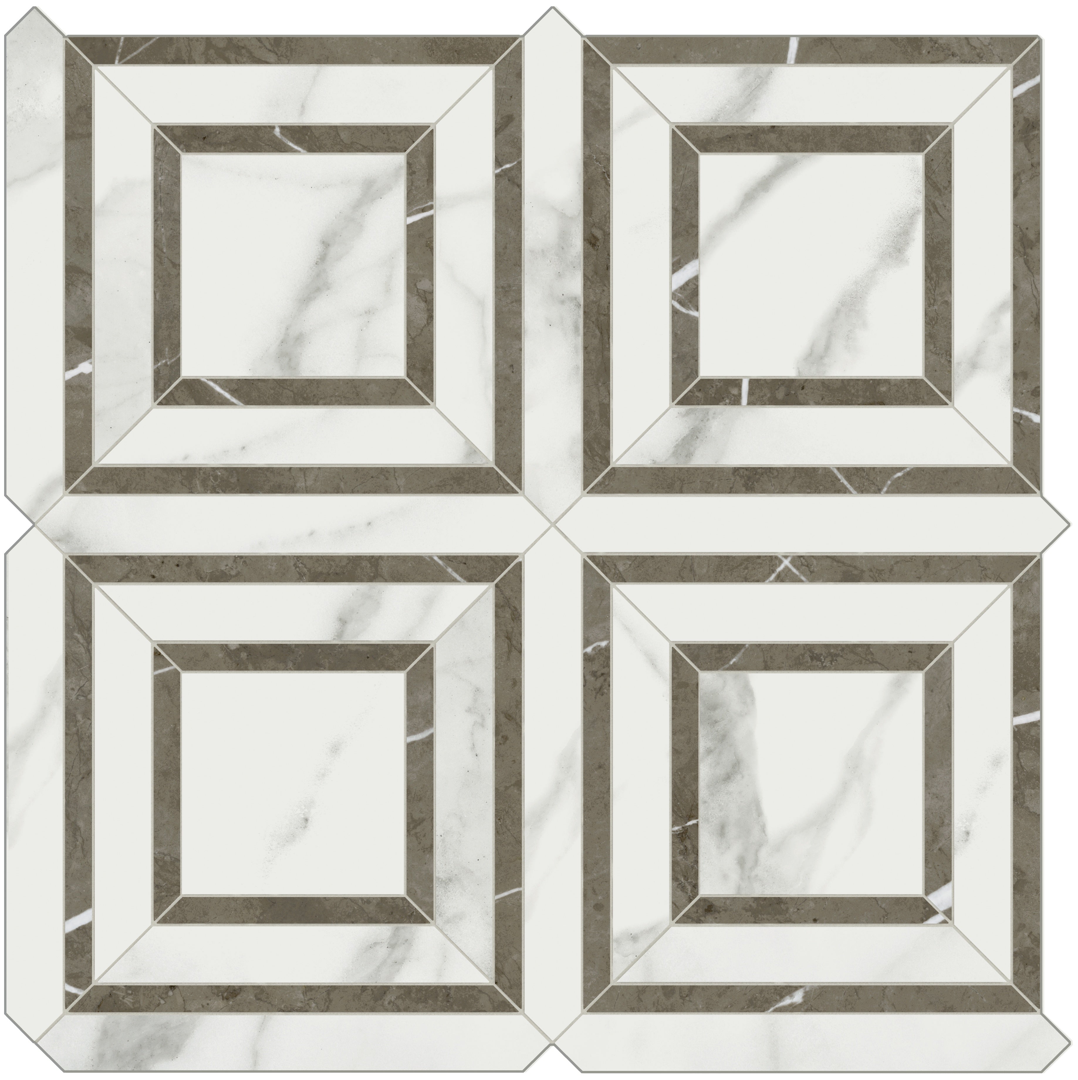 Mayfair Statuario Venato porcelain mosaic by Anatolia, top-down product view, 11 23/32"×11 23/32"×11/32" size. Indian porcelain for floors and walls.
