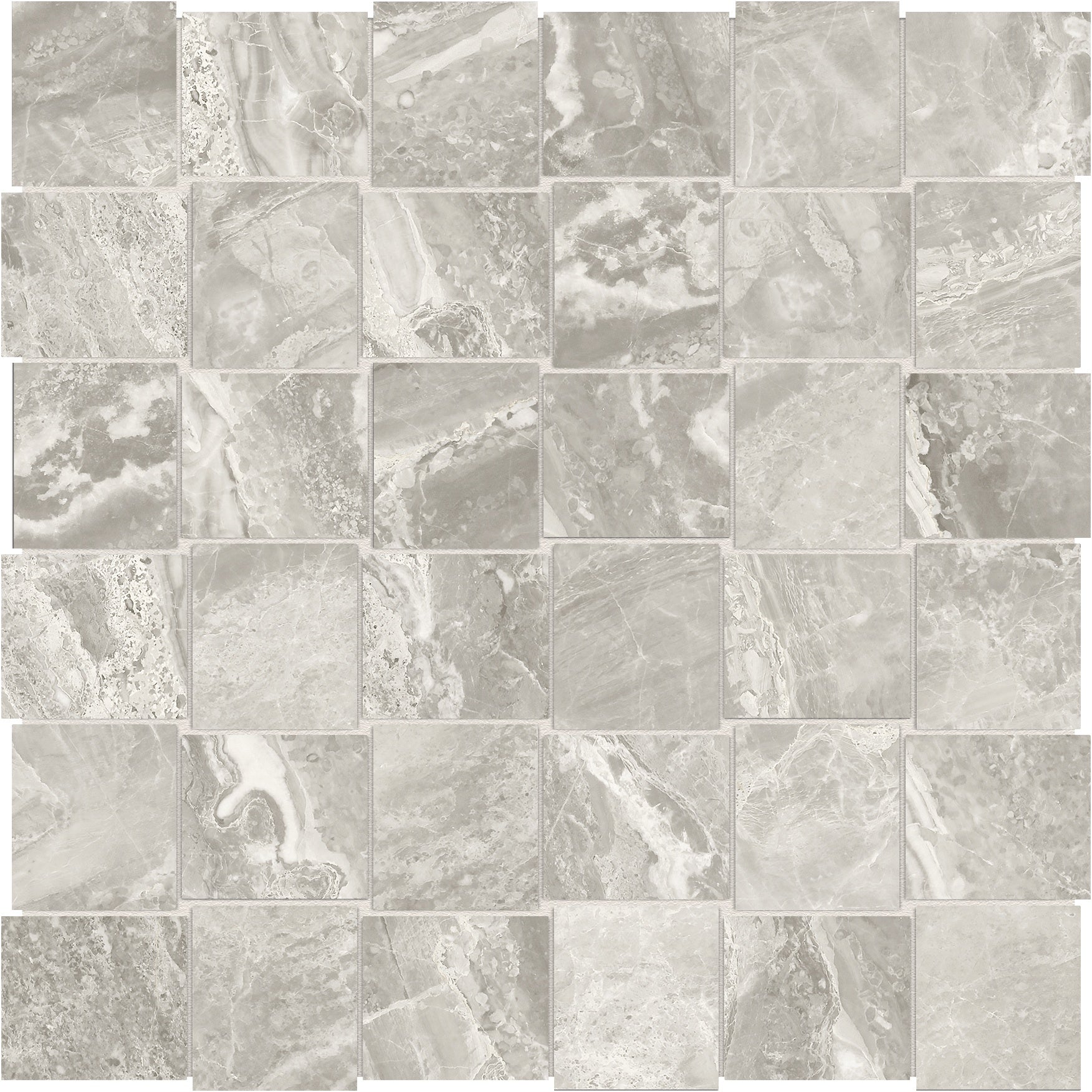 Mayfair Stella Argento porcelain mosaic by Anatolia, top-down product view, 11 27/32"×11 27/32"×11/32" size. Indian porcelain for floors and walls.