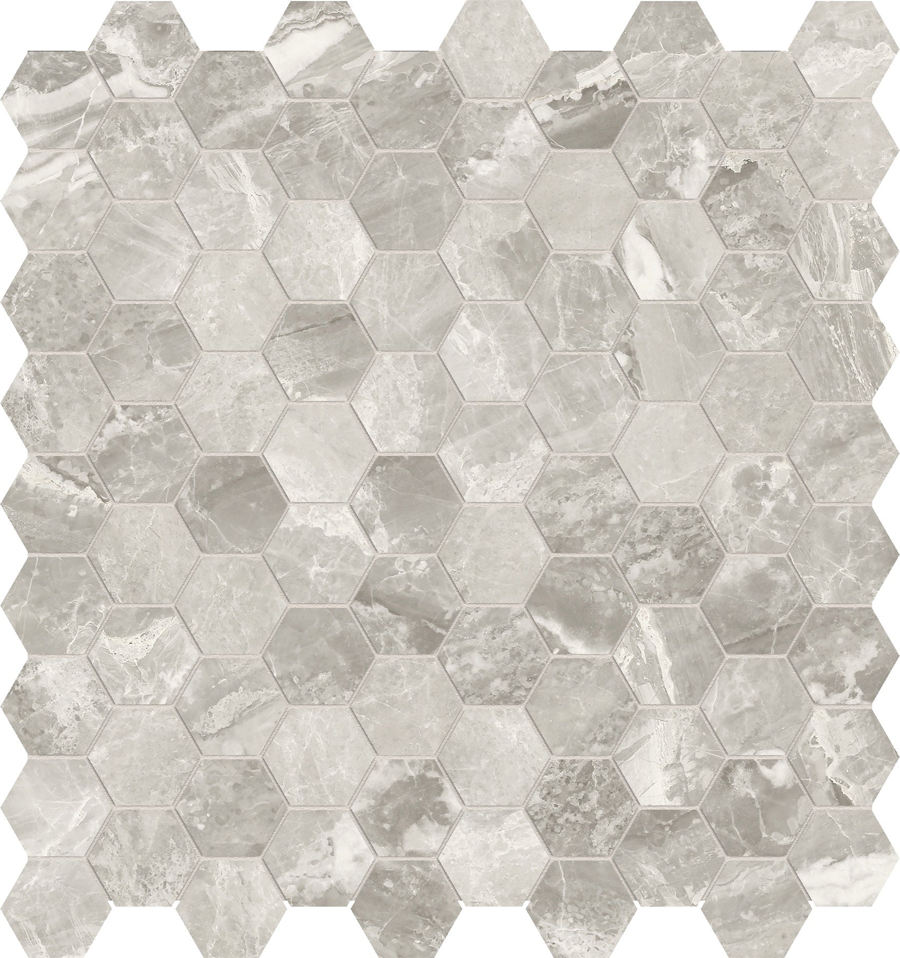 Mayfair Stella Argento porcelain mosaic by Anatolia, top-down product view, 11 9/16"×12 1/16"×11/32" size. Indian porcelain for floors and walls.