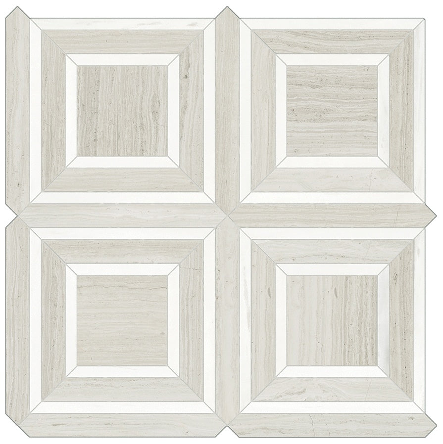 Mayfair Strada Ash porcelain mosaic by Anatolia, top-down product view, 11 23/32"×11 23/32"×11/32" size. Indian porcelain for floors and walls.
