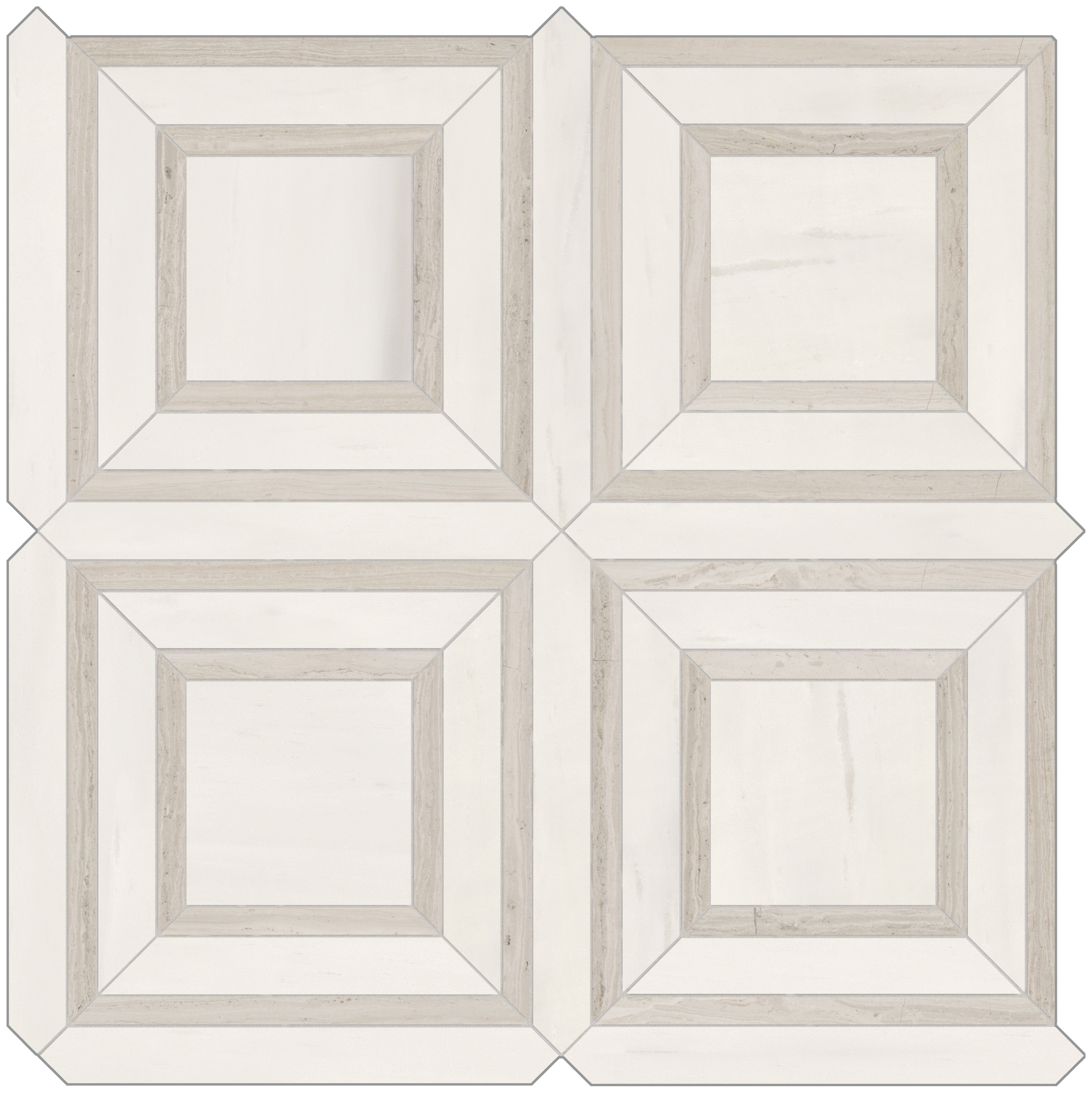 Mayfair Suave Bianco porcelain mosaic by Anatolia, top-down product view, 11 23/32"×11 23/32"×11/32" size. Indian porcelain for floors and walls.