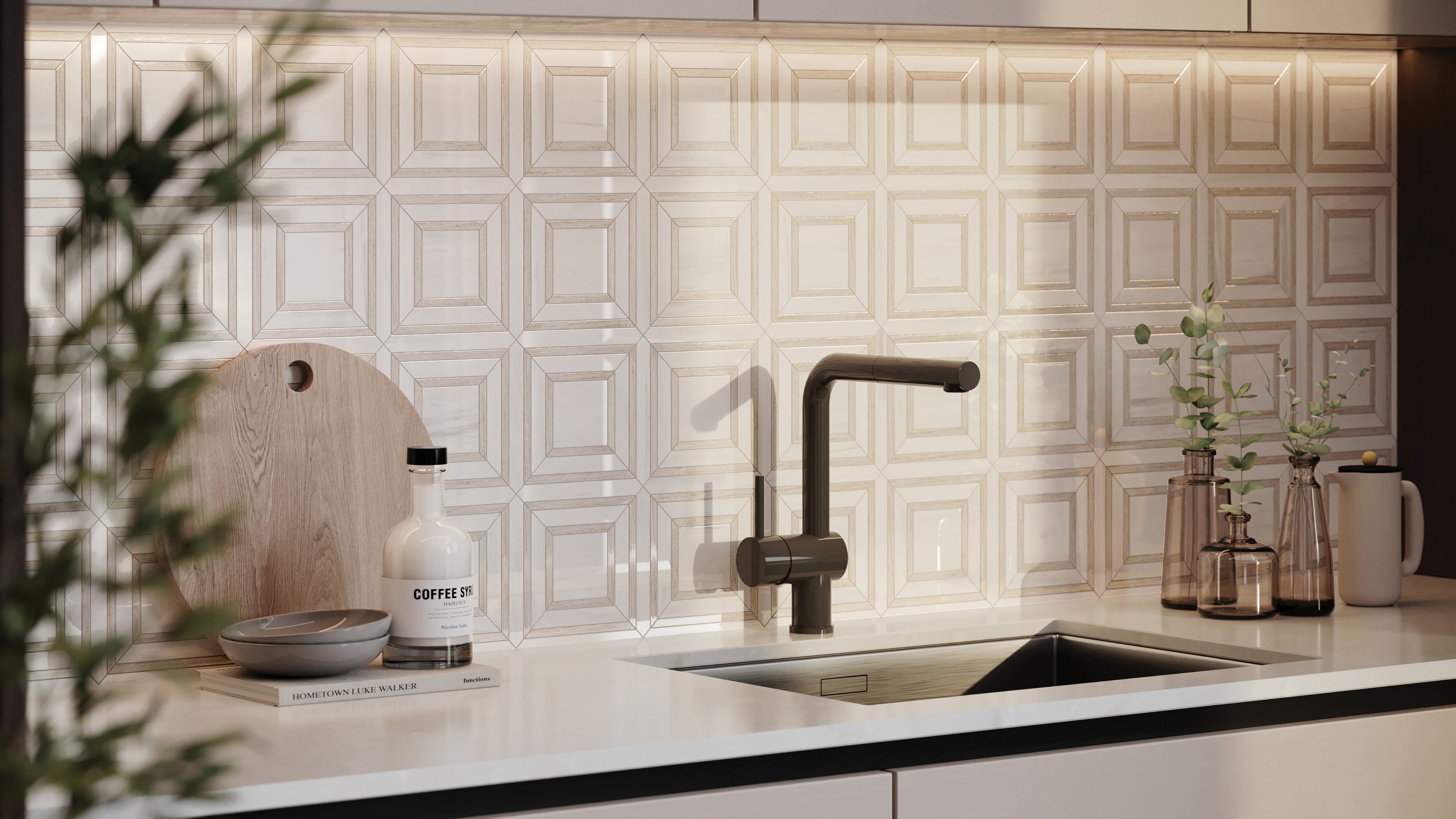 Mayfair Suave Bianco porcelain mosaic by Anatolia, top-down product view, 11 23/32"×11 23/32"×11/32" size. Indian porcelain for floors and walls.