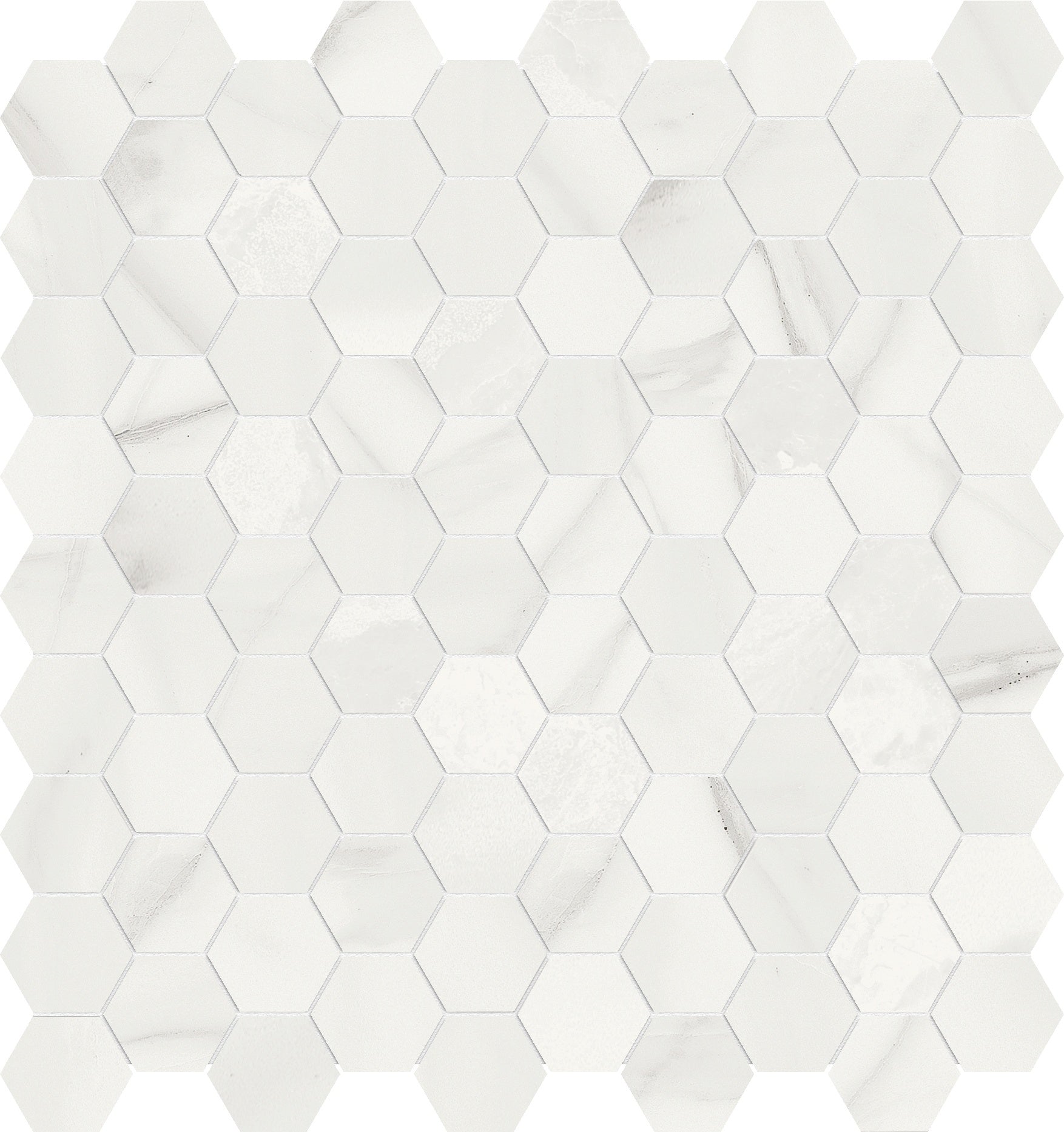 Mayfair Volakas Grigio porcelain mosaic by Anatolia, top-down product view, 11 9/16"×12 1/16"×11/32" size. Indian porcelain for floors and walls.
