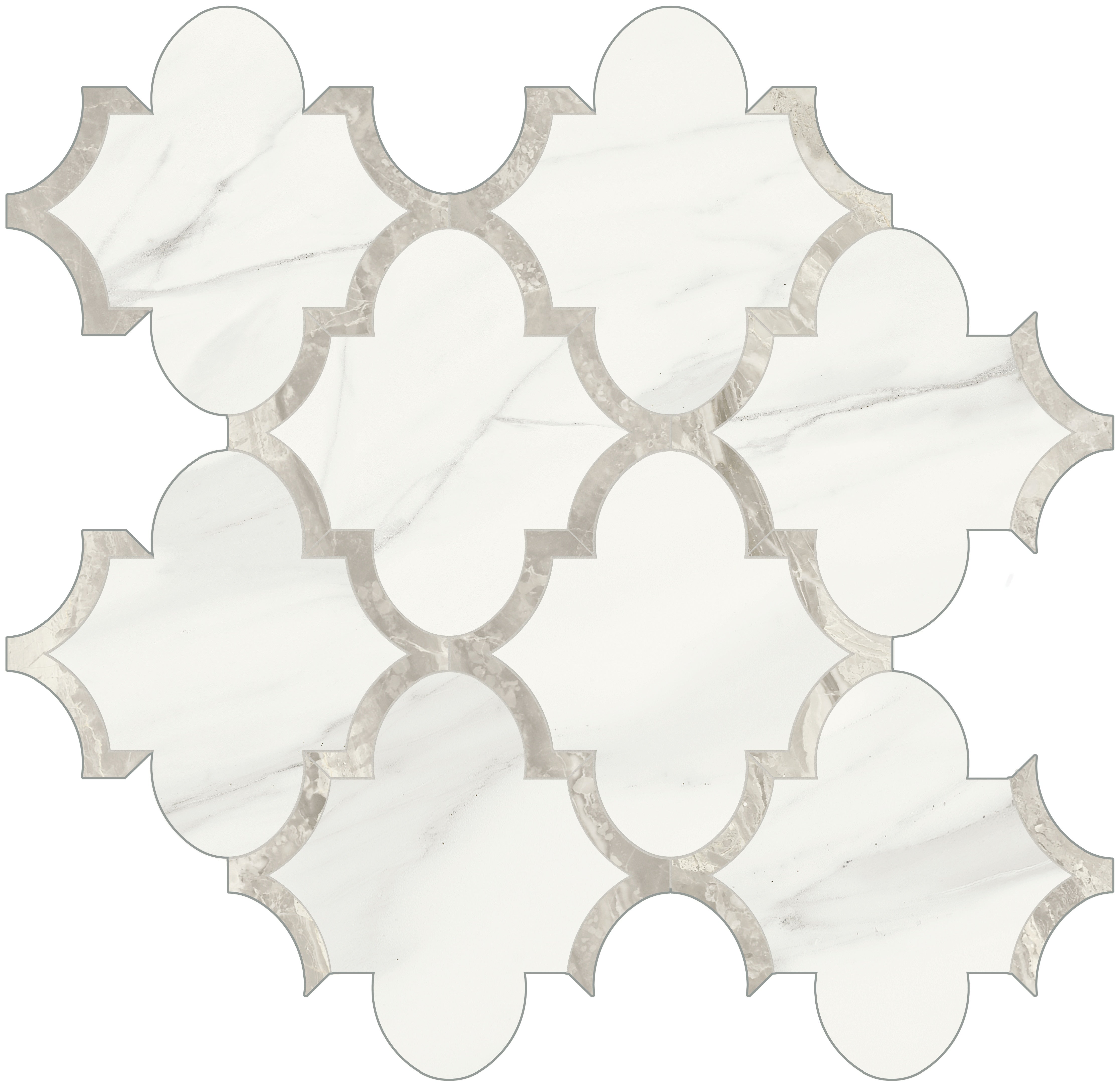 Mayfair Volakas Grigio porcelain mosaic by Anatolia, top-down product view, 11 5/8"×11 5/8"×11/32" size. Indian porcelain for floors and walls.