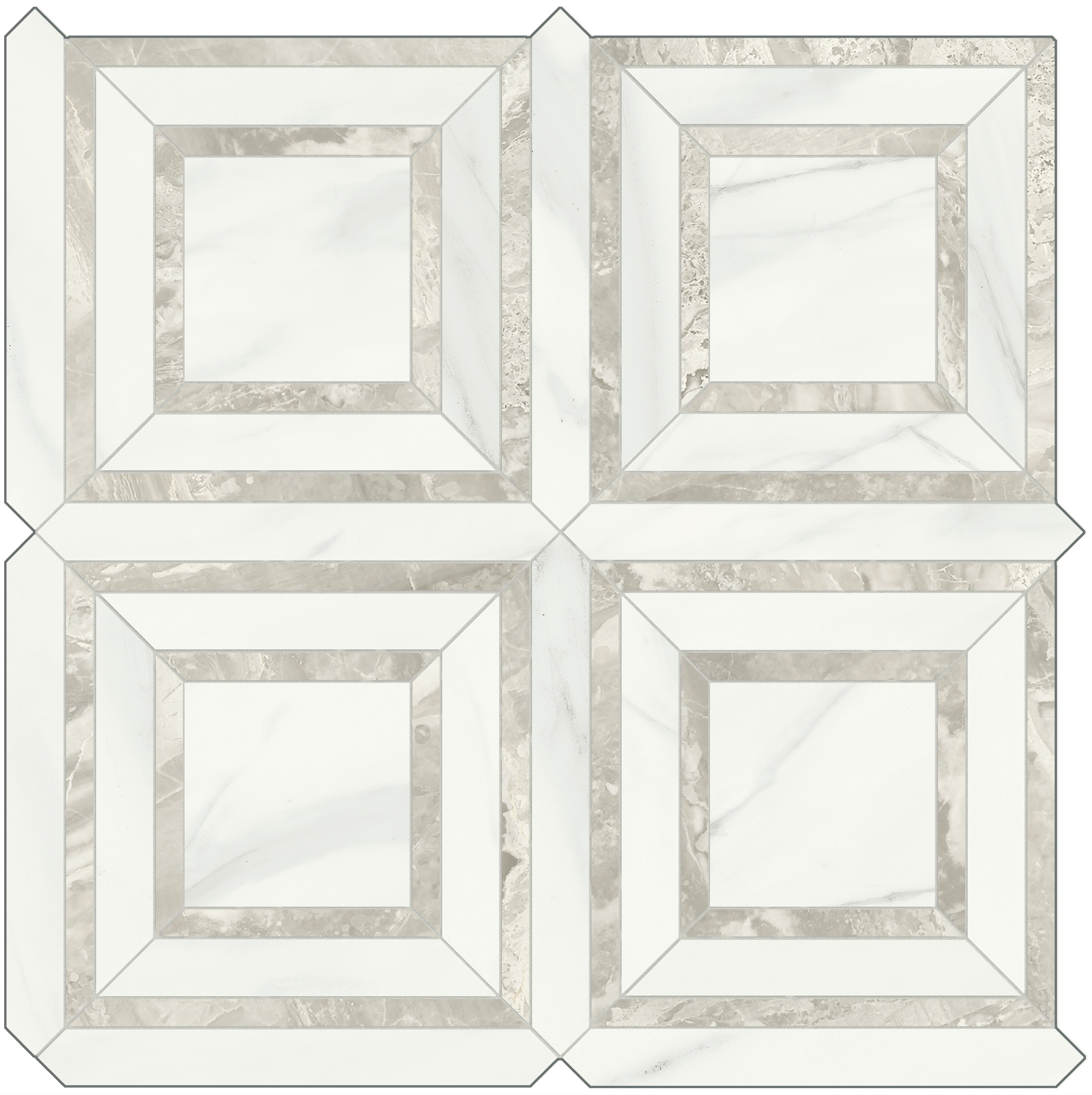 Mayfair Volakas Grigio porcelain mosaic by Anatolia, top-down product view, 11 23/32"×11 23/32"×11/32" size. Indian porcelain for floors and walls.