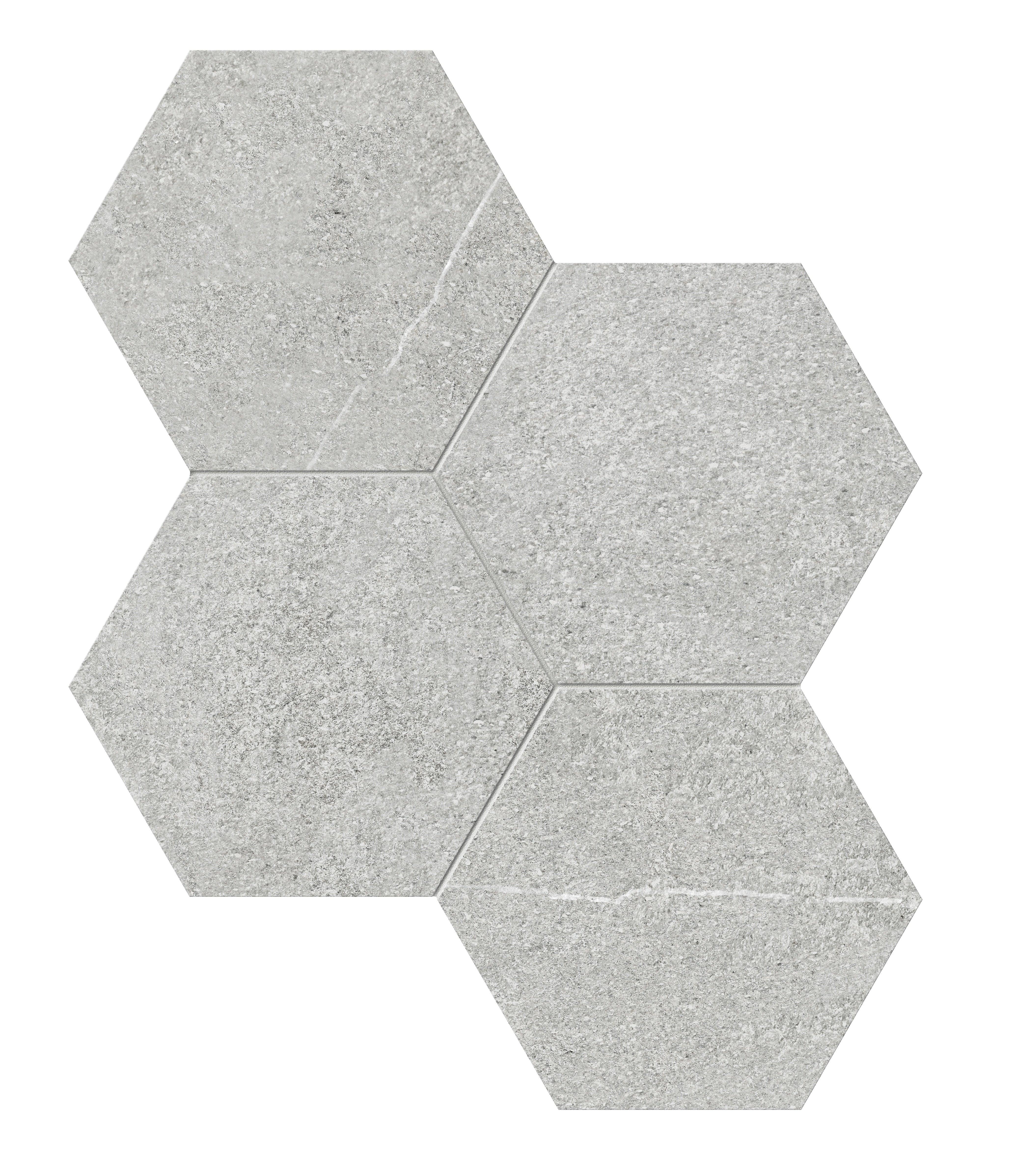 Mjork Ash porcelain mosaic by Anatolia, top-down product view, 9 31/32"×11 1/2"×11/32" size. Turkish porcelain for floors and walls.