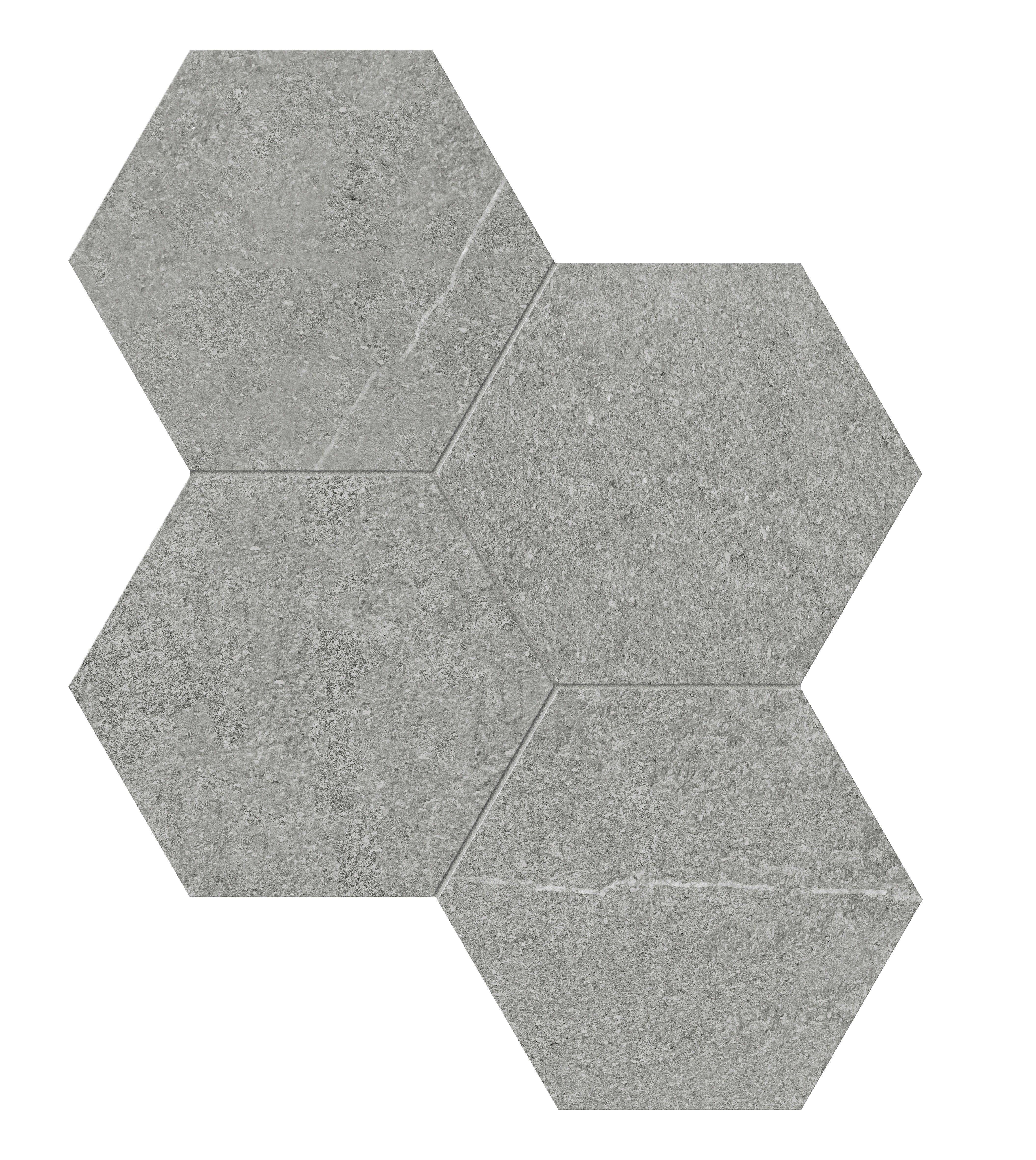 Mjork Mica porcelain mosaic by Anatolia, top-down product view, 9 31/32"×11 1/2"×11/32" size. Turkish porcelain for floors and walls.