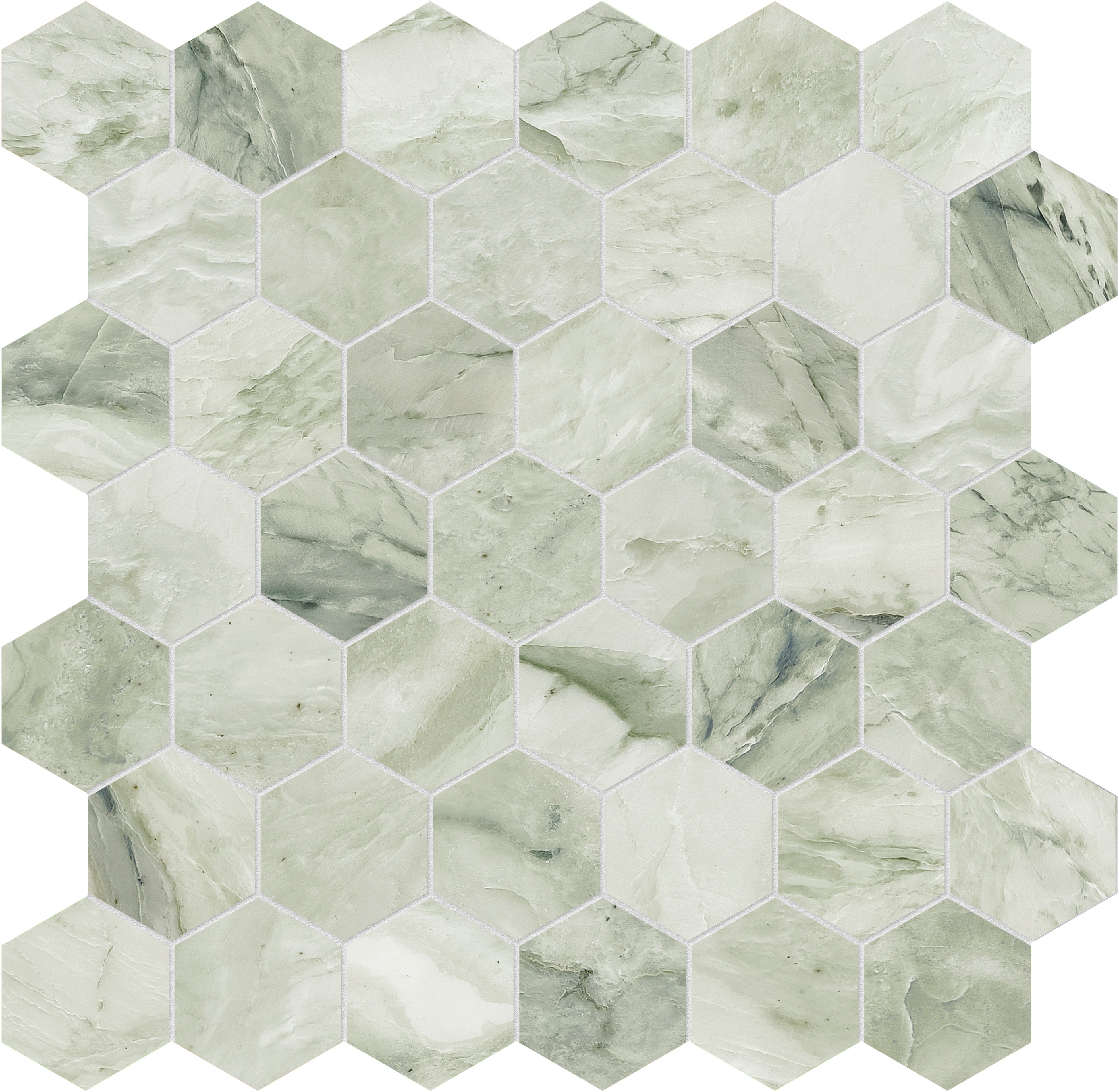 Moscato Argento marble mosaic by Anatolia, top-down product view, 11 7/8"×12"×3/8" size. Chinese marble for floors and walls.