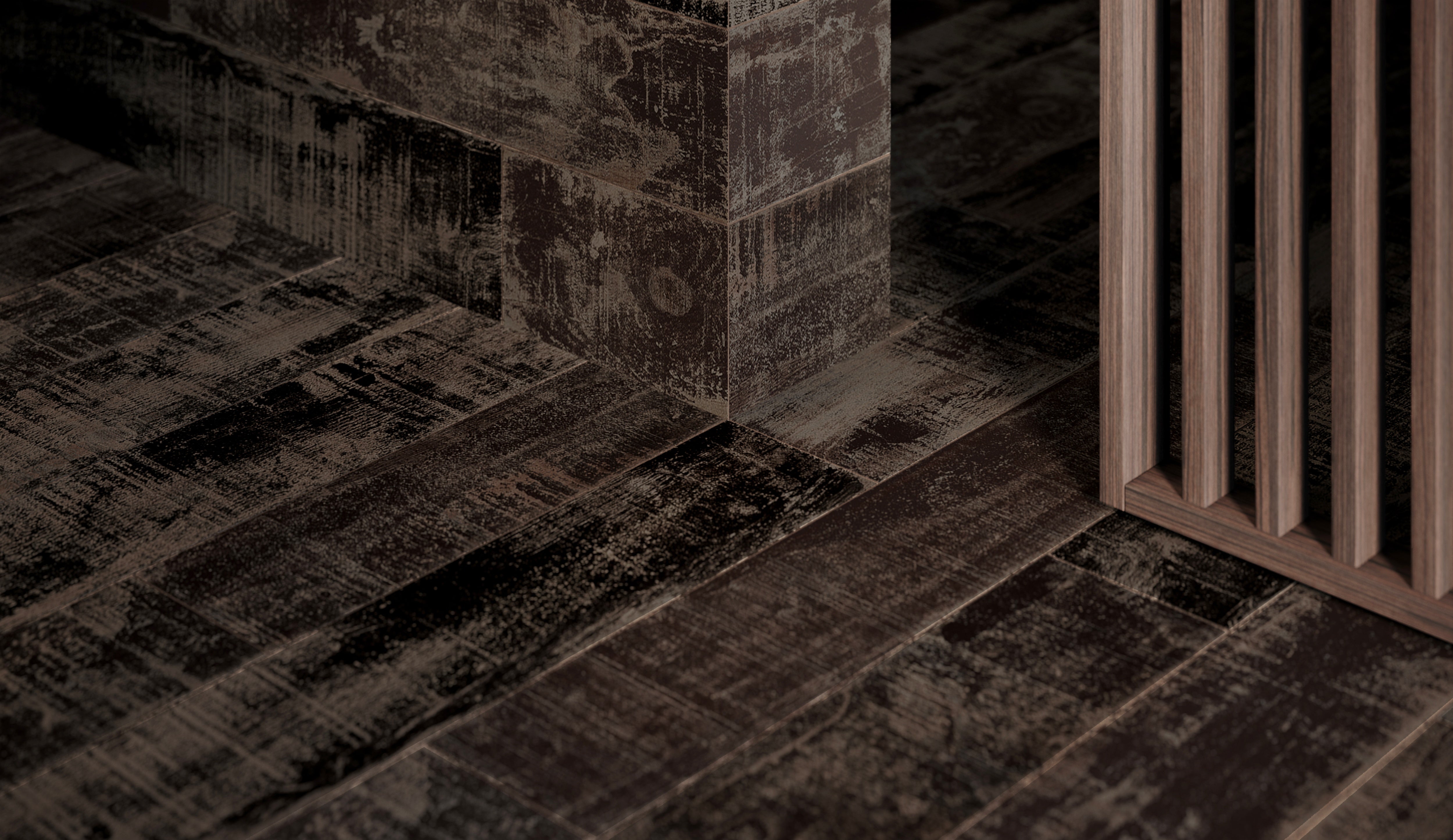 Muskoka Charred porcelain field tile by Anatolia, top-down product view, 6"×36"×3/8" size. Turkish porcelain for floors and walls.