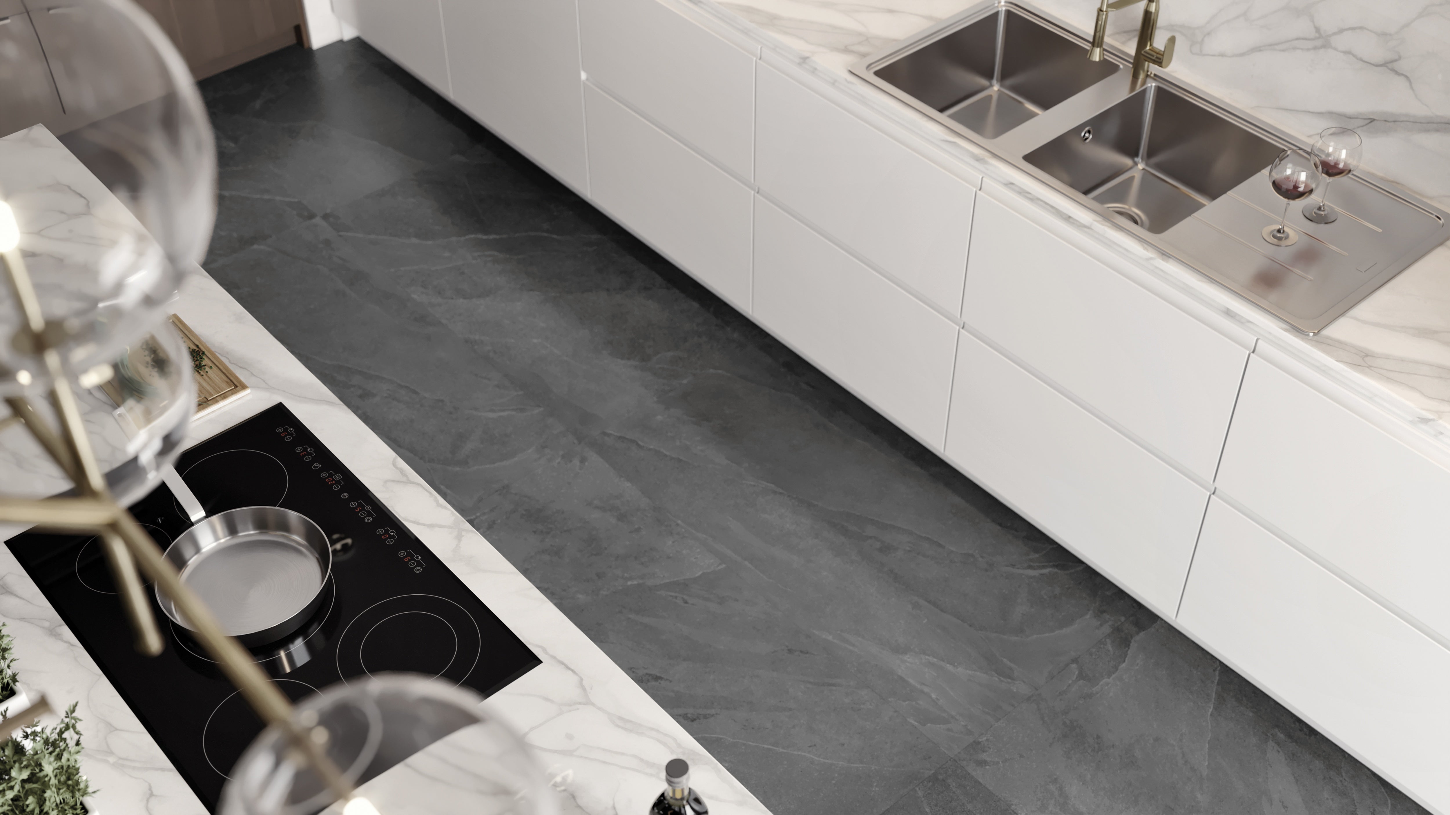 Nord Carbon porcelain trim by Anatolia, top-down product view, 3"×24"×11/32" size. Turkish porcelain for floors and walls.