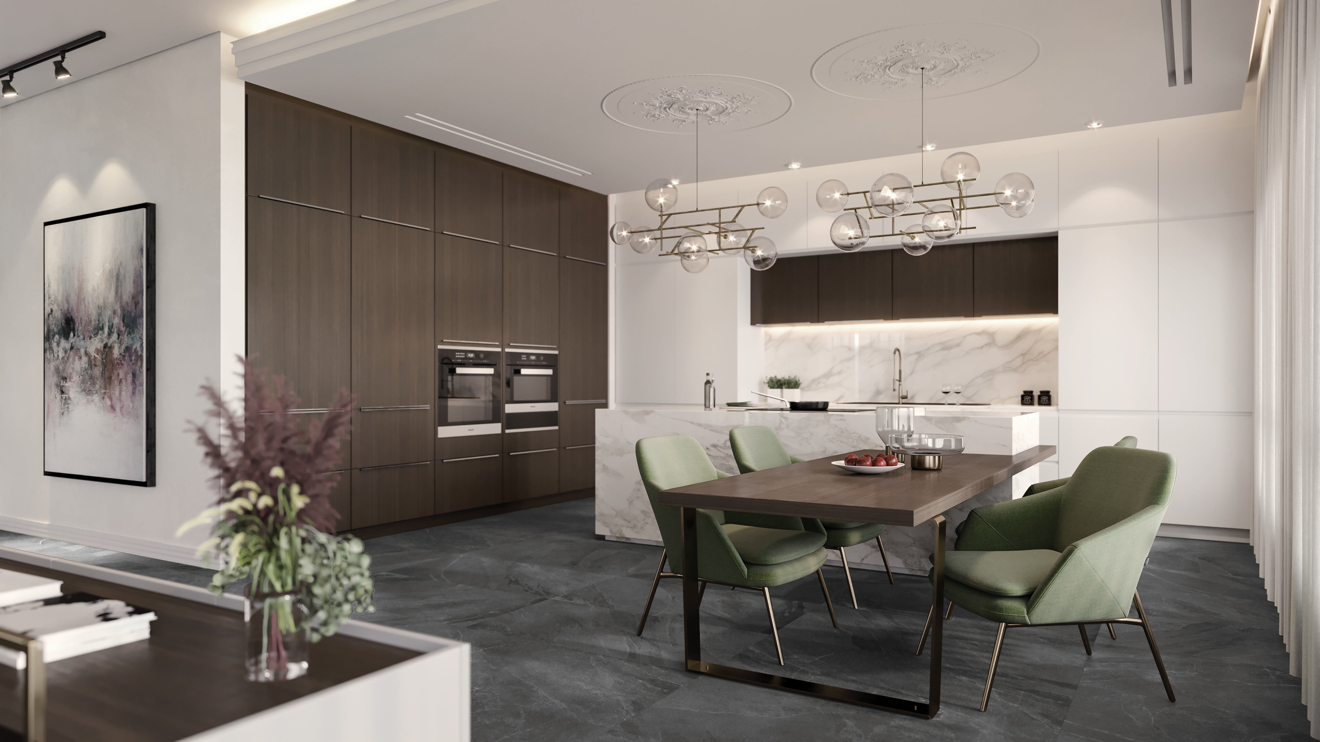 Nord Carbon porcelain trim by Anatolia, lifestyle installation view 1, 3"×24"×11/32" size. Turkish porcelain for floors and walls.