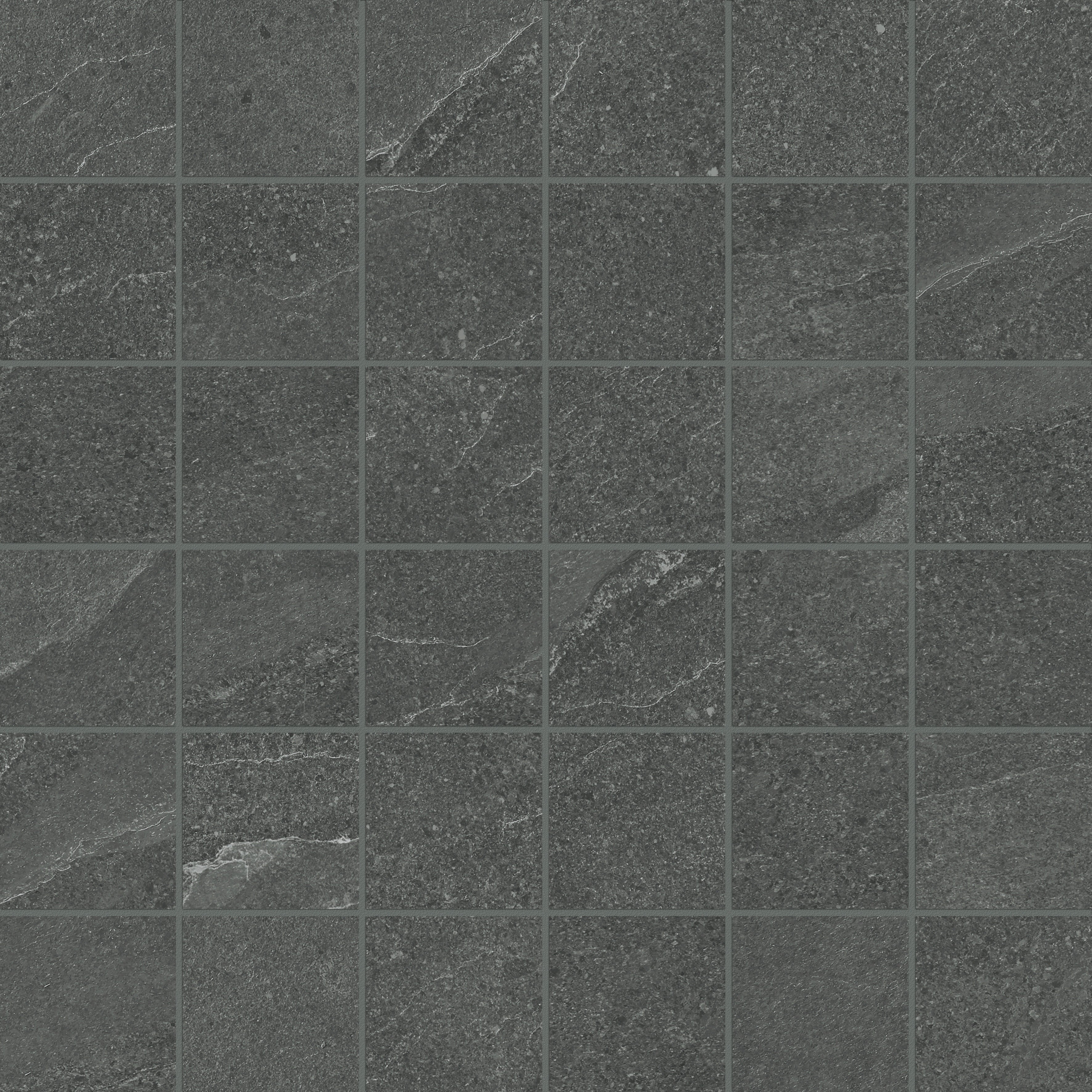 Nord Carbon porcelain mosaic by Anatolia, top-down product view, 11 25/32"×11 25/32"×11/32" size. Turkish porcelain for floors and walls.
