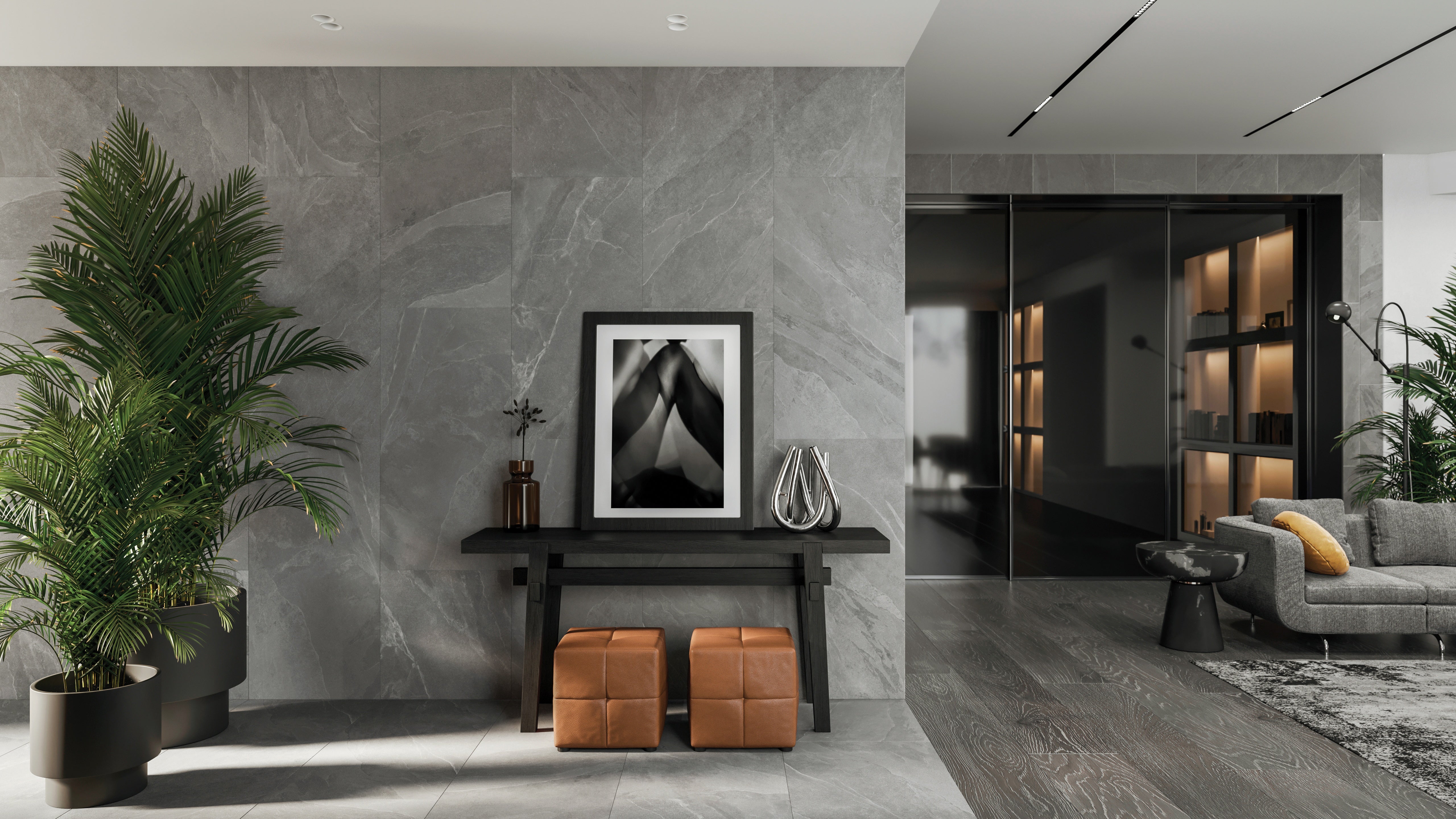 Nord Chromium porcelain trim by Anatolia, lifestyle installation view 1, 3"×24"×11/32" size. Turkish porcelain for floors and walls.