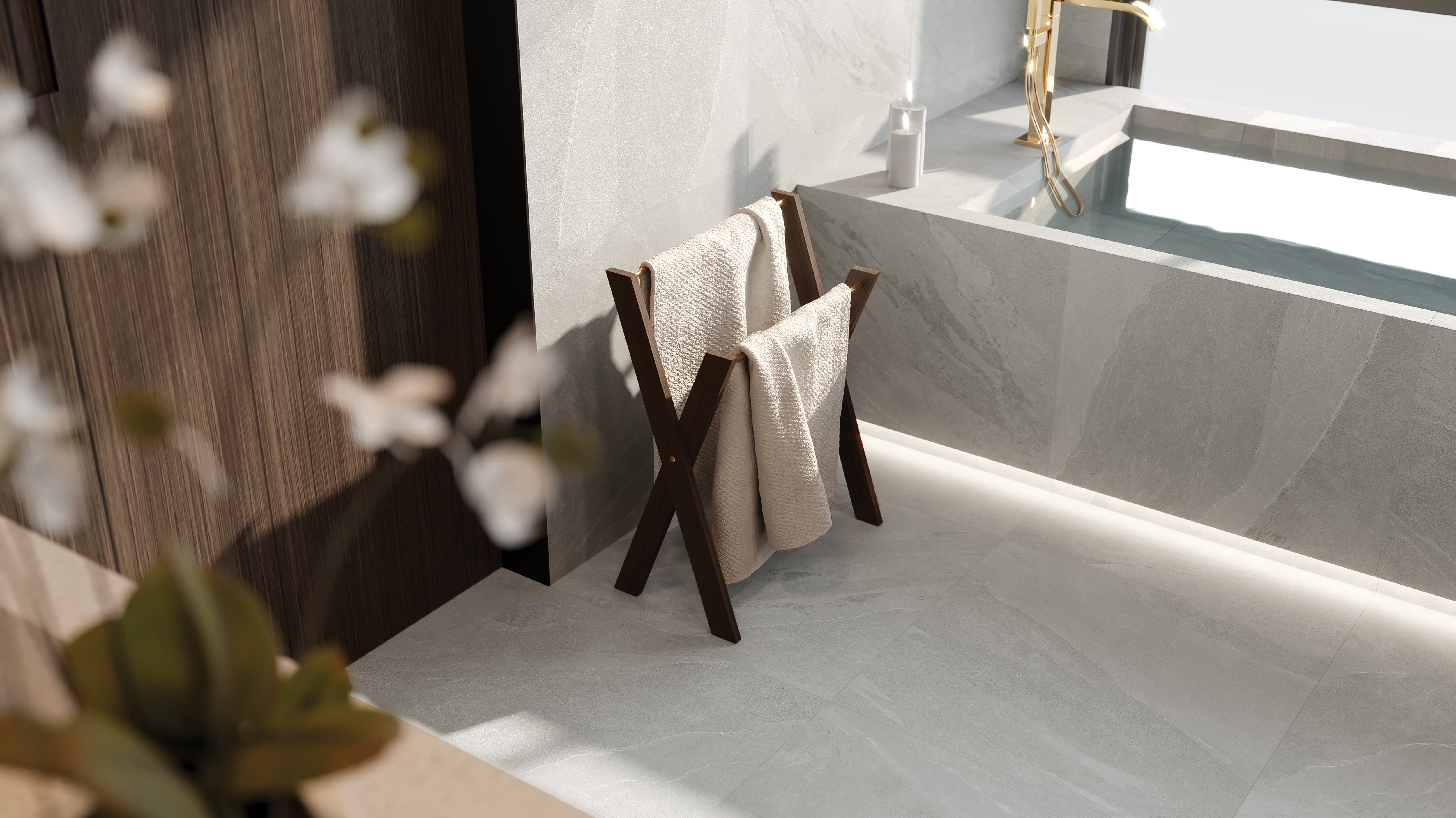 Nord Palladium porcelain trim by Anatolia, top-down product view, 3"×24"×11/32" size. Turkish porcelain for floors and walls.
