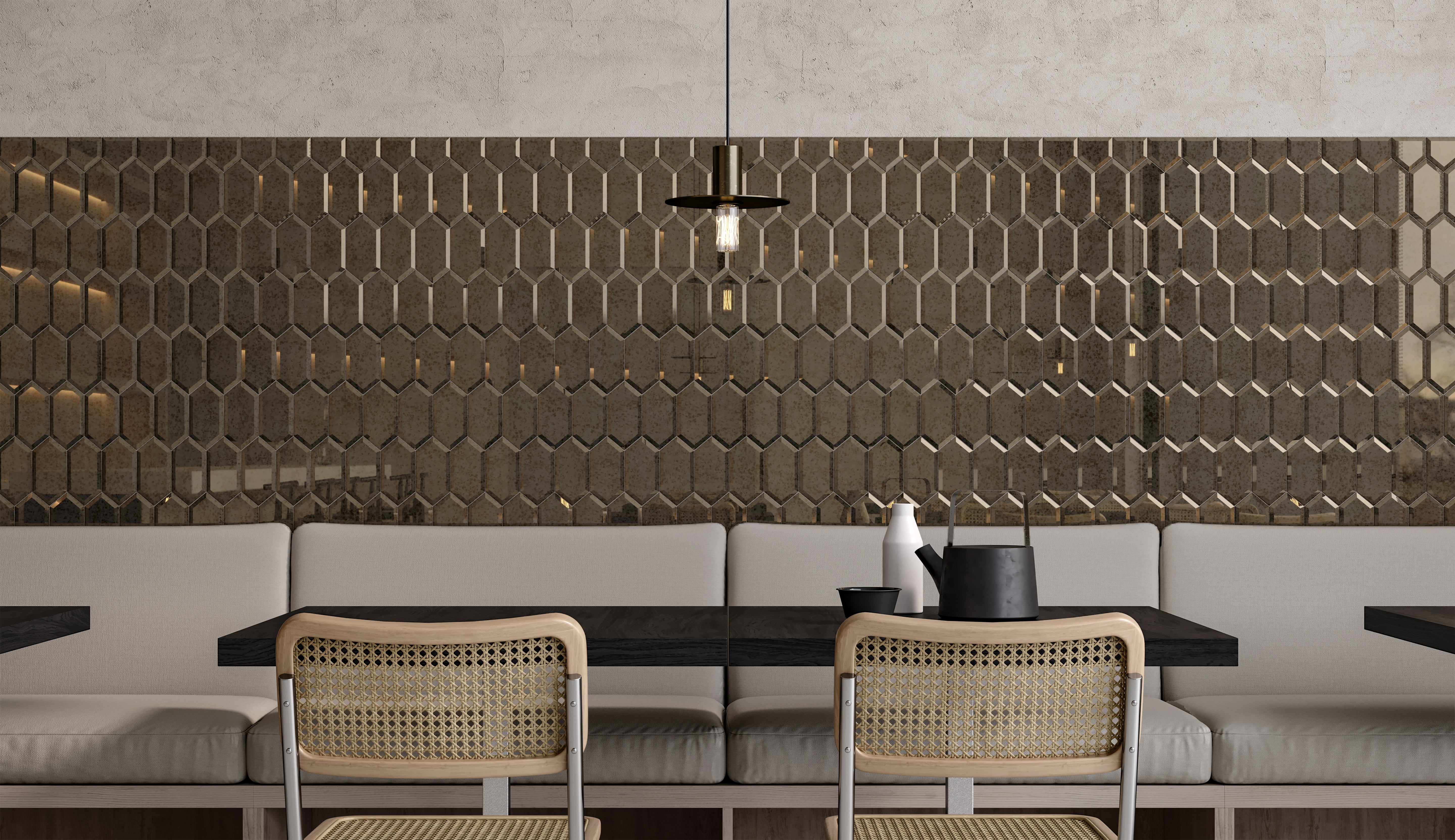 Obsidian Antique Bronze glass mosaic by Anatolia, top-down product view, 11 15/32"×11 13/16"×1/4" size. Chinese glass for floors and walls.