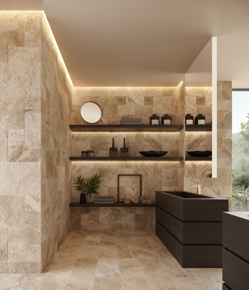 Anatolia Picasso brushed travertine tile in a room setting — available at Surface Group lifestyle image