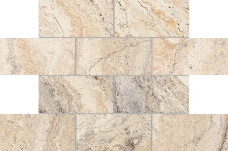 Picasso travertine field tile by Anatolia, top-down product view, 3"×6"×3/8" size. Turkish travertine for floors and walls.