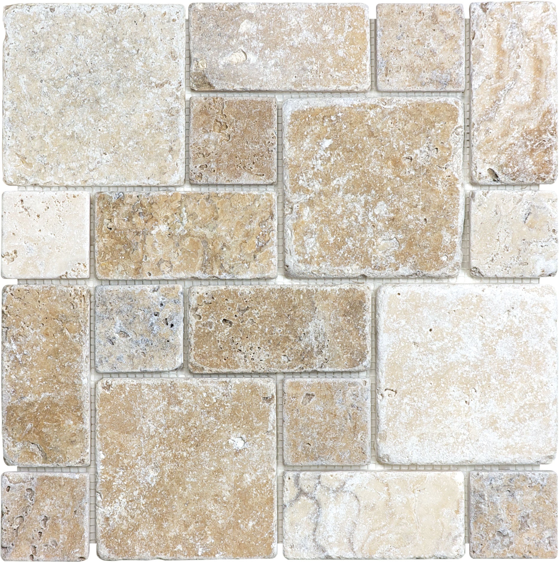 Picasso travertine mosaic by Anatolia, top-down product view, 12"×12"×3/8" size. Turkish travertine for floors and walls.