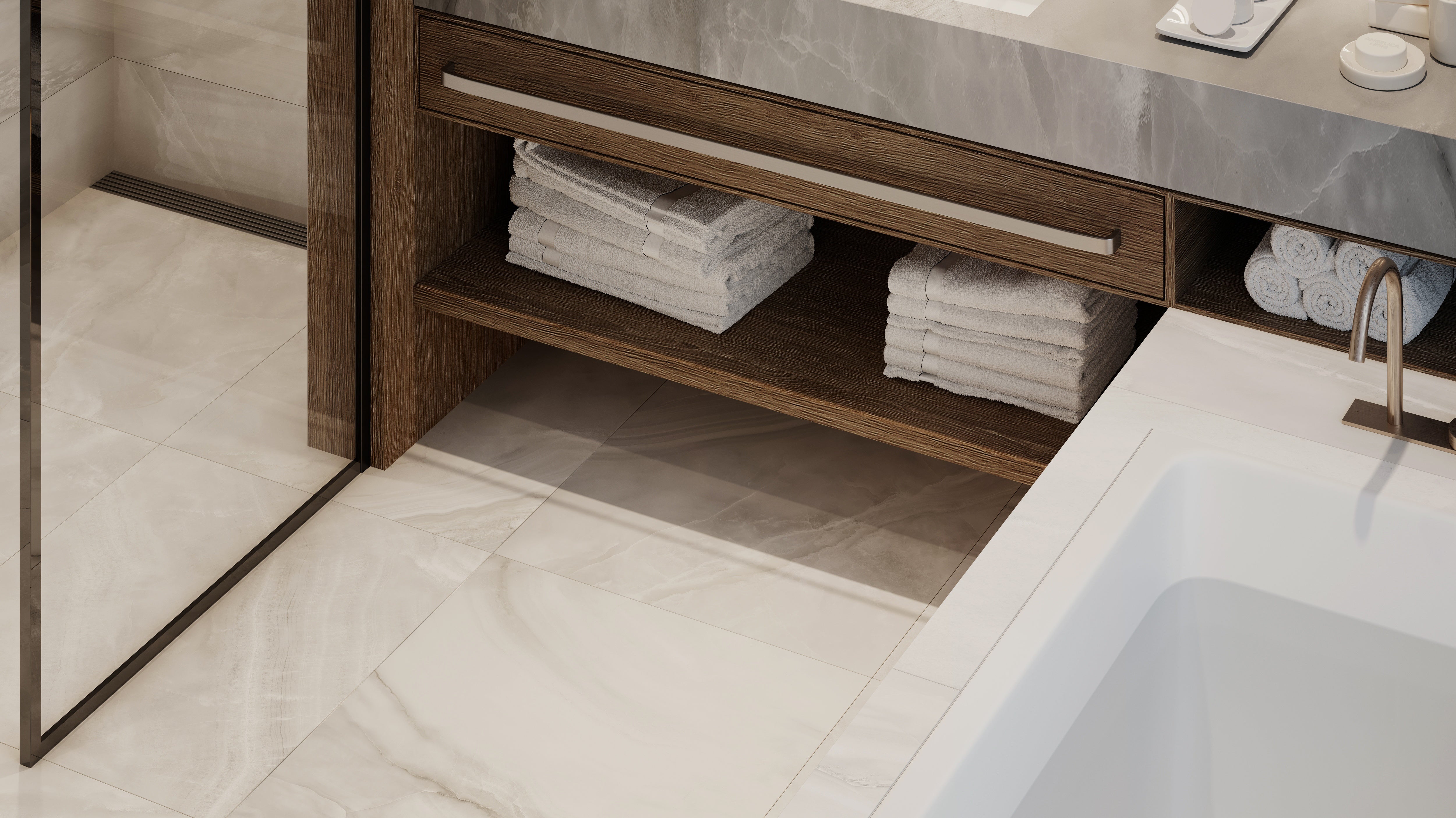 Plata Onyx Crystallo porcelain trim by Anatolia, top-down product view, 3"×12"×11/32" size. Premium porcelain for floors and walls.