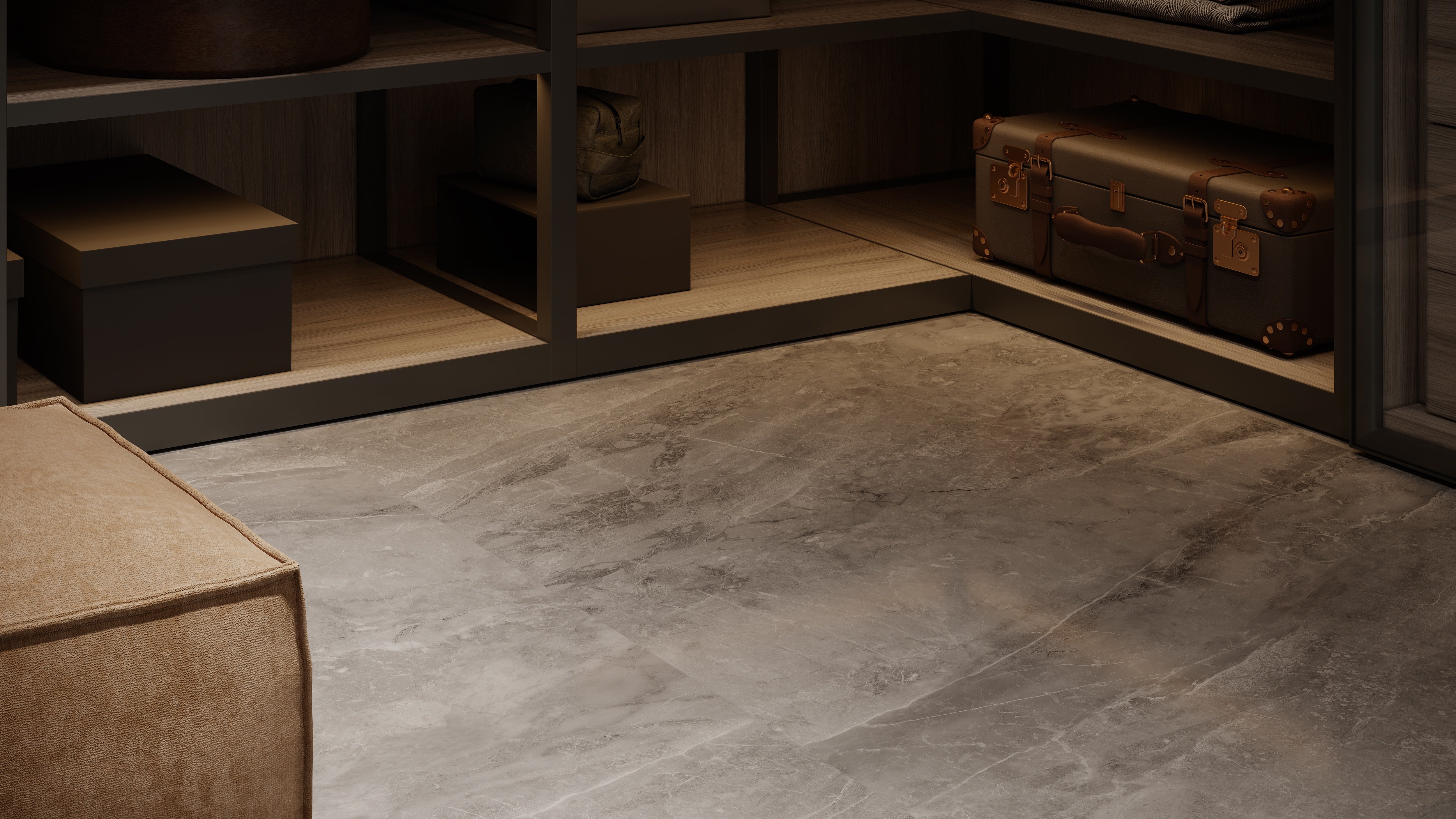 Plata Perla Grigia porcelain trim by Anatolia, lifestyle installation view 3, 3"×12"×11/32" size. Premium porcelain for floors and walls.