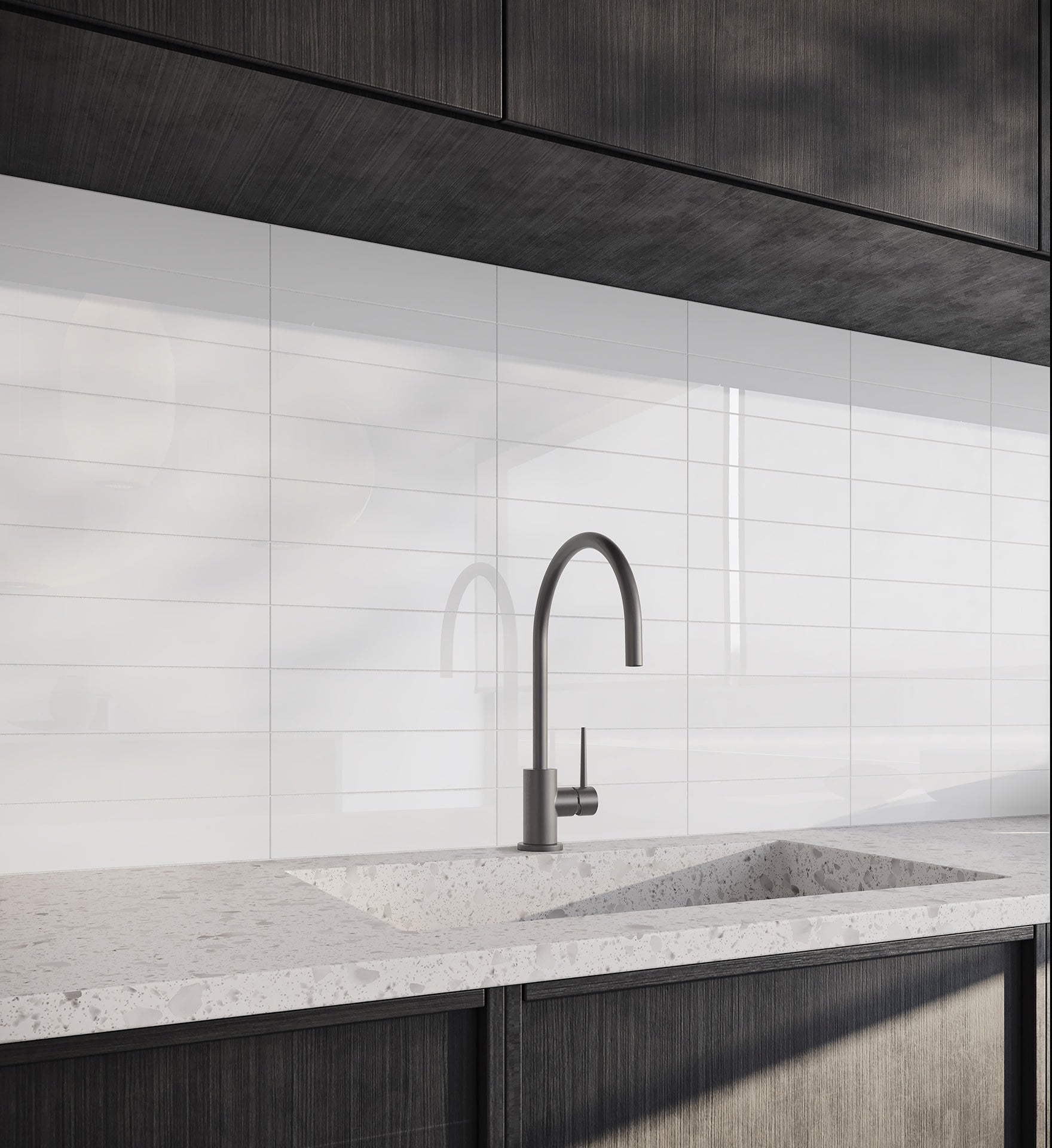 Purity Ice ceramic trim by Anatolia, top-down product view, 6"×9/32" size. Vietnamese ceramic for floors and walls.