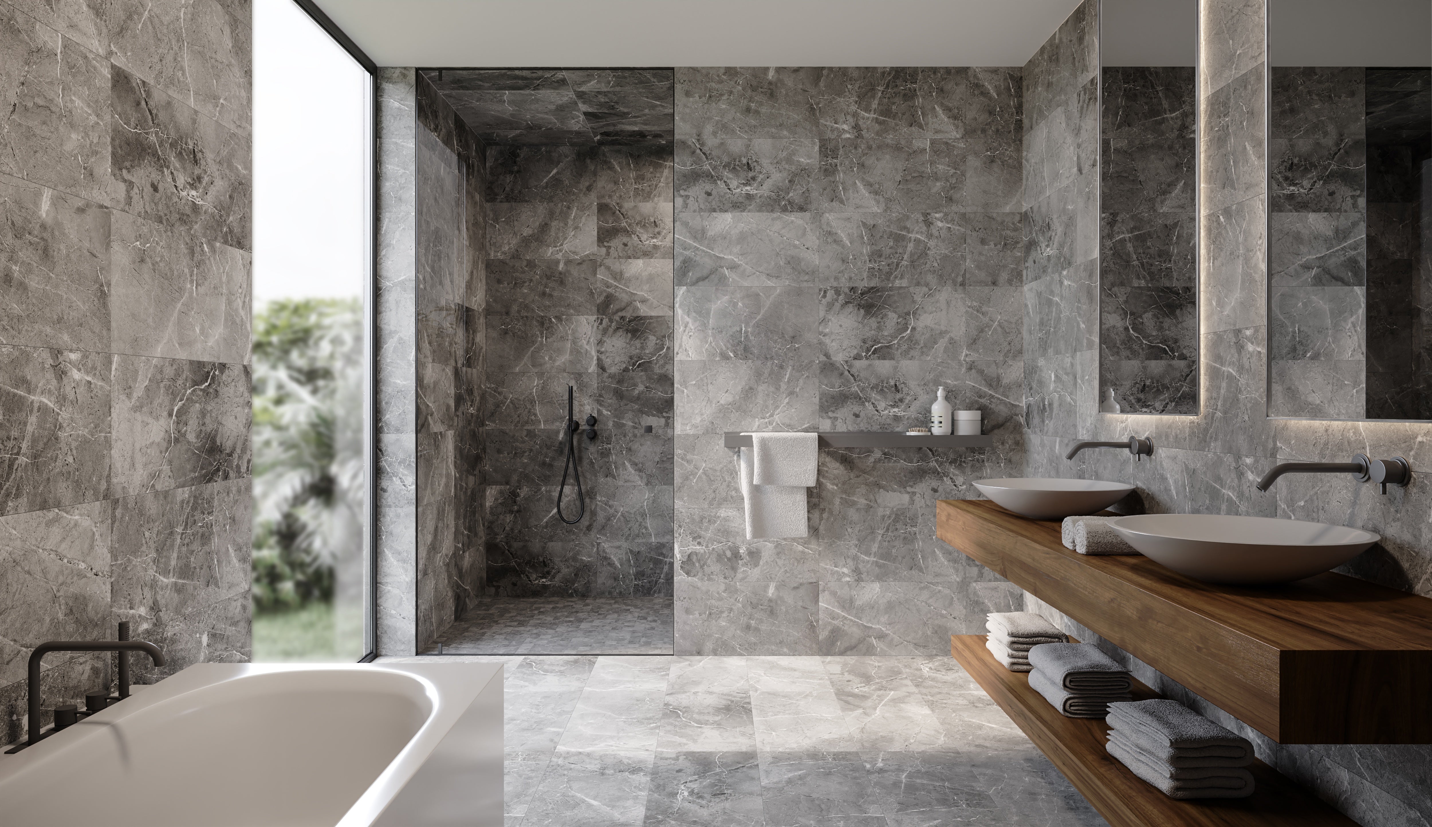 Regency Carbon porcelain trim by Anatolia, lifestyle installation view 4, 3"×12"×11/32" size. Turkish porcelain for floors and walls.