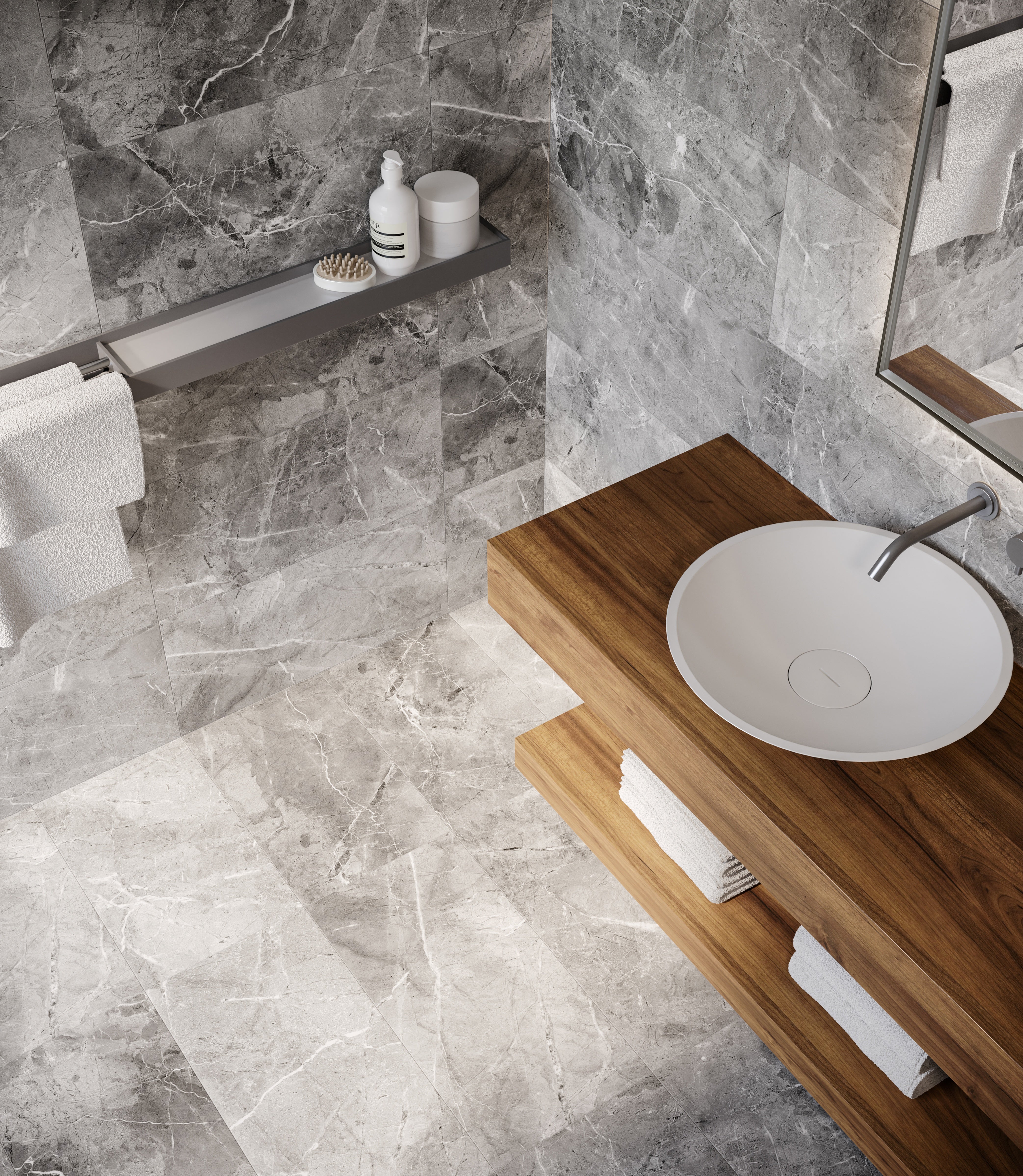 Regency Carbon porcelain trim by Anatolia, lifestyle installation view 6, 3"×12"×11/32" size. Turkish porcelain for floors and walls.