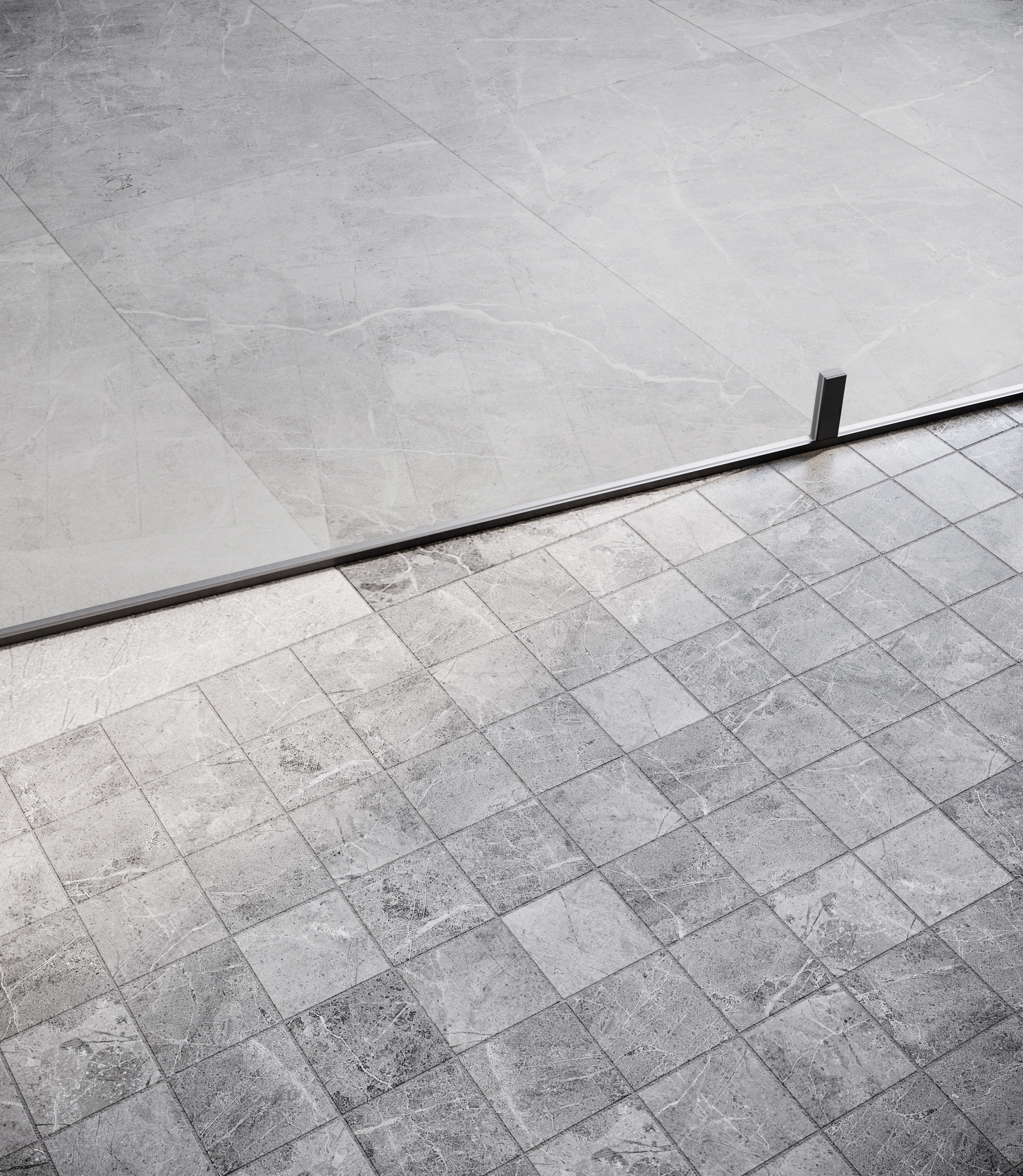Regency Carbon porcelain trim by Anatolia, lifestyle installation view 5, 3"×12"×11/32" size. Turkish porcelain for floors and walls.