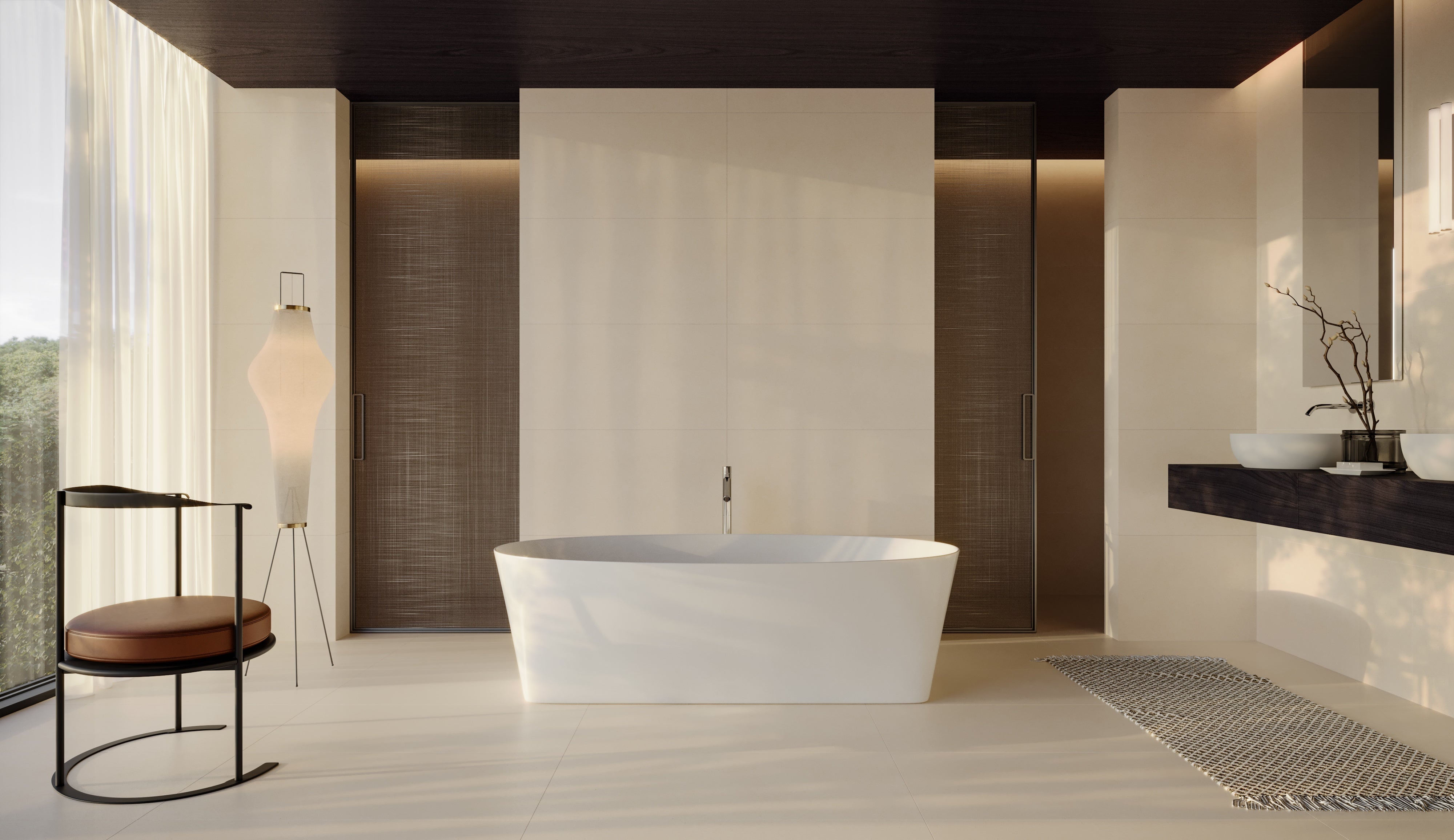 Serene Ivory limestone trim by Anatolia, lifestyle installation view 2, 1 1/4"×12"×7/8" size. Turkish limestone for floors and walls.