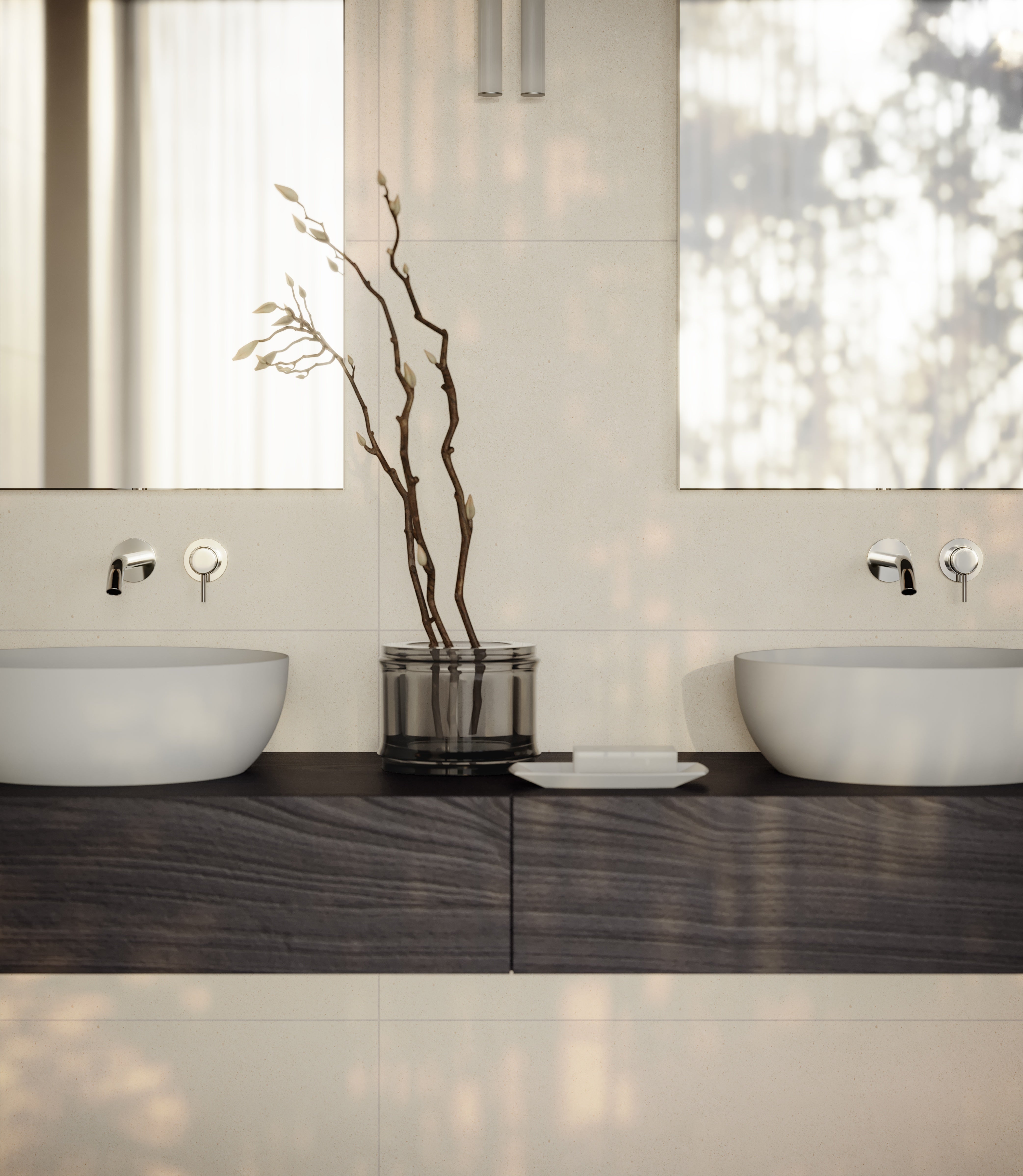 Serene Ivory limestone trim by Anatolia, lifestyle installation view 3, 1 1/4"×12"×7/8" size. Turkish limestone for floors and walls.