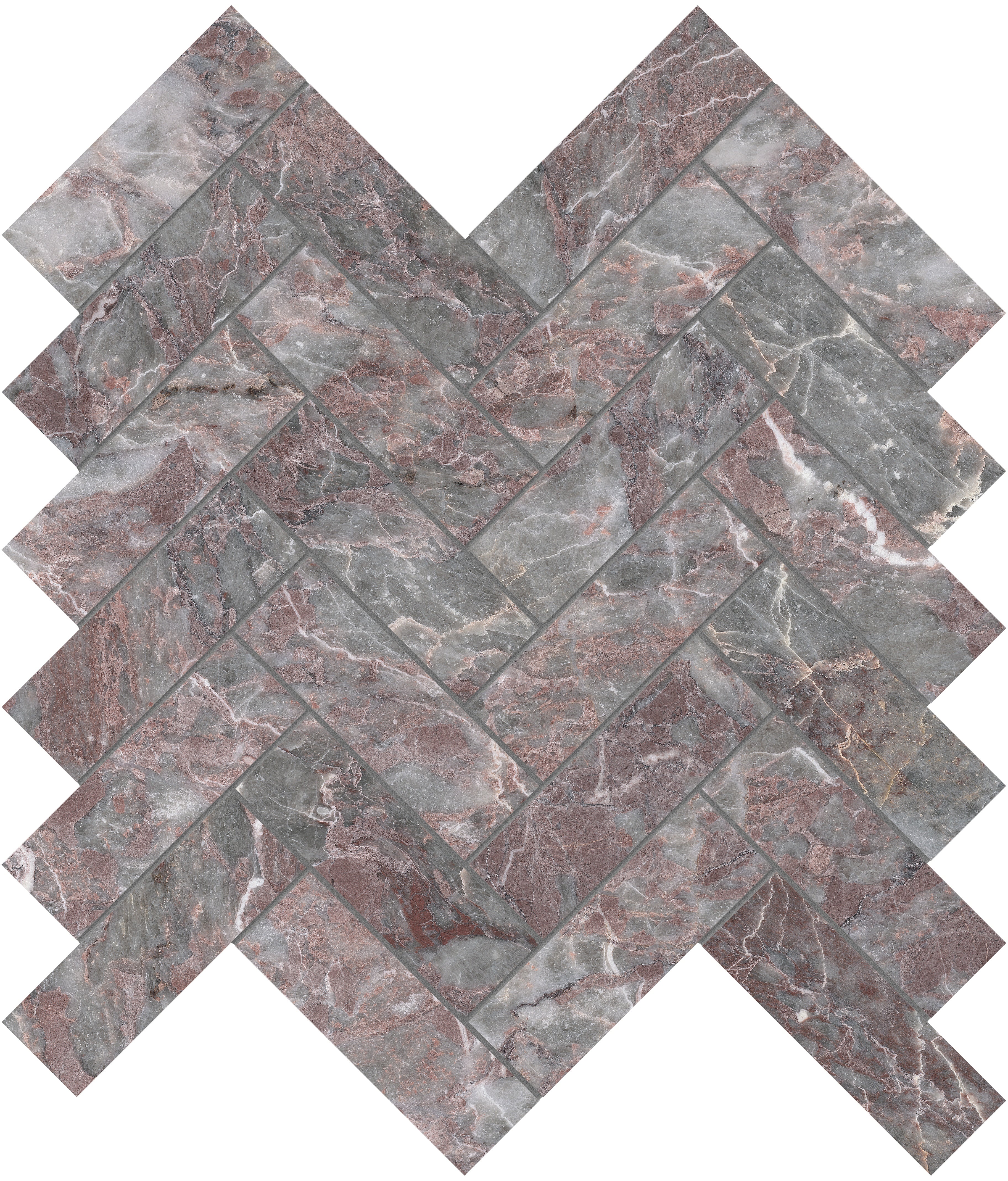 Sereno Burgundy marble mosaic by Anatolia, top-down product view, 11 1/4"×11 13/32"×3/8" size. Turkish marble for floors and walls.