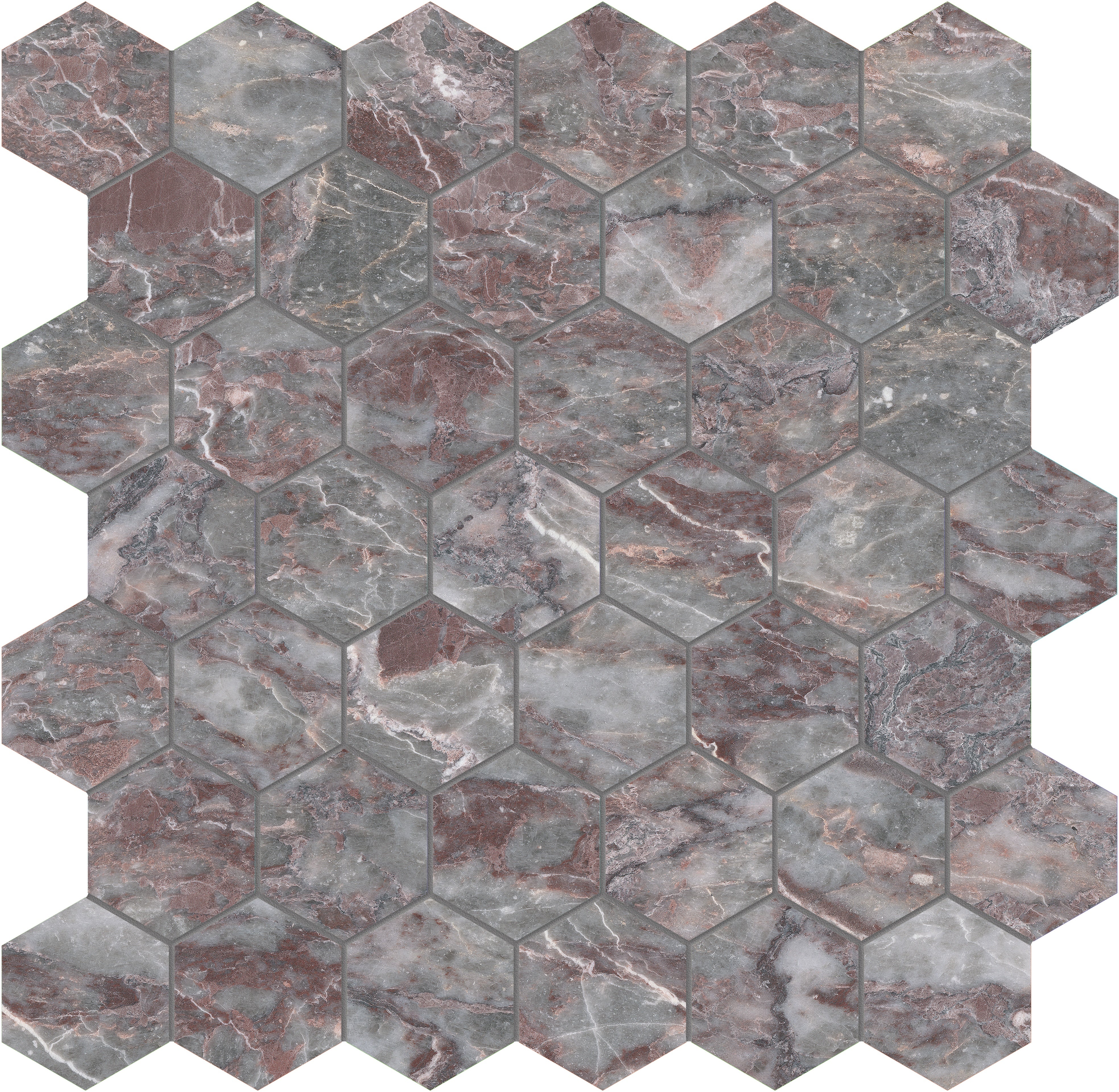 Sereno Burgundy marble mosaic by Anatolia, top-down product view, 11 7/8"×12"×3/8" size. Turkish marble for floors and walls.