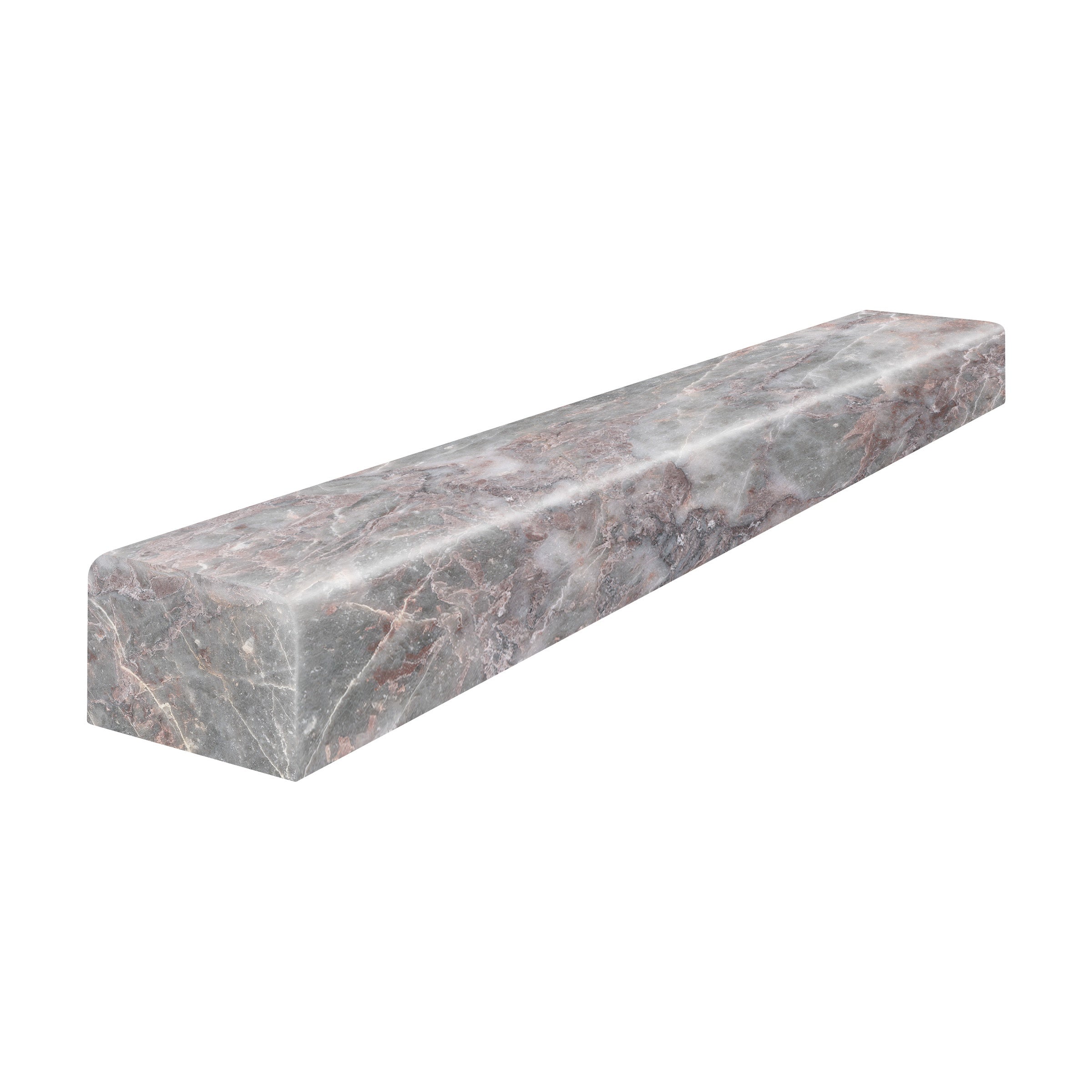 Sereno Burgundy marble trim by Anatolia, top-down product view, 1 1/4"×12"×7/8" size. Turkish marble for floors and walls.