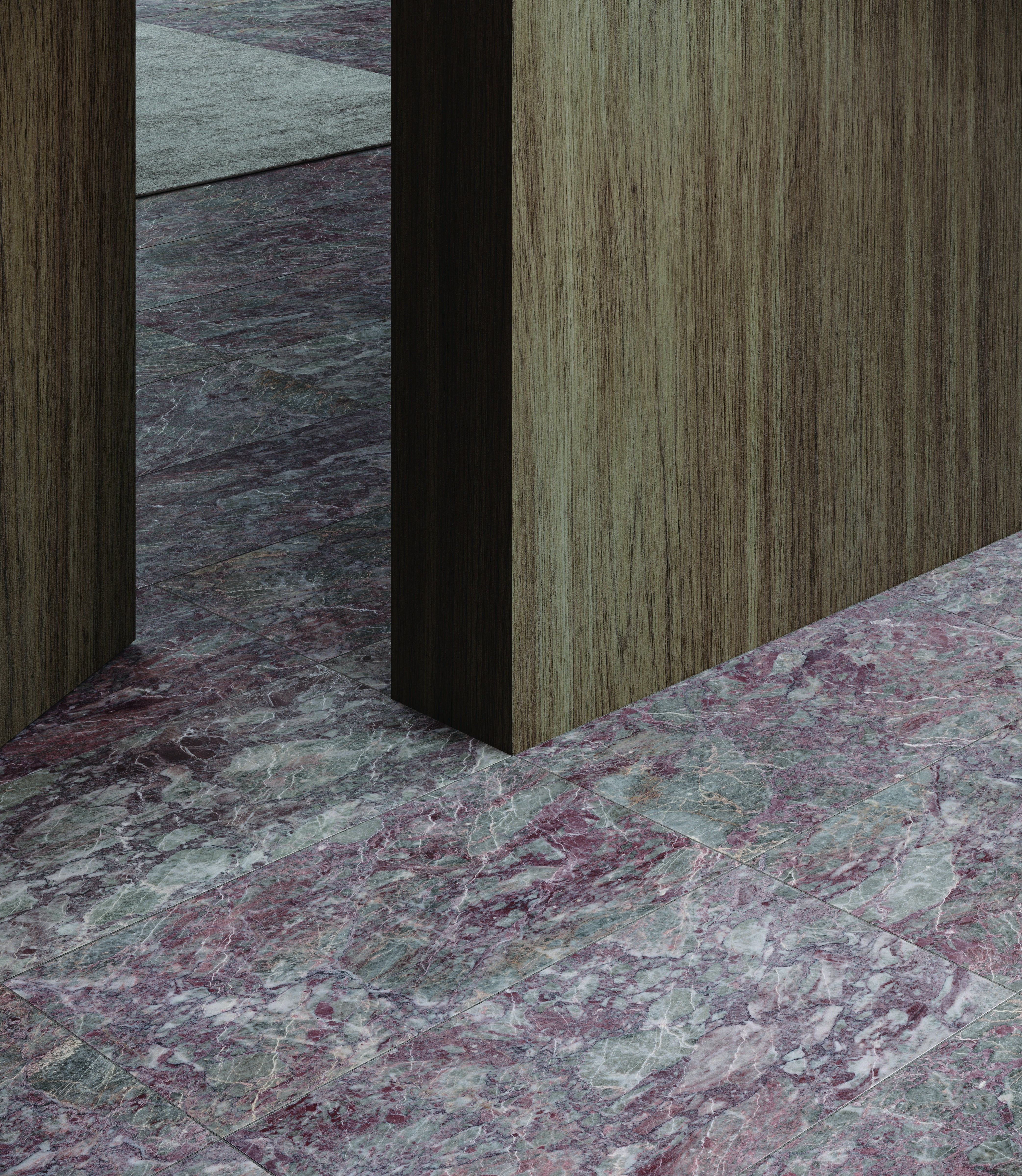 Sereno Burgundy marble trim by Anatolia, lifestyle installation view 1, 1 1/4"×12"×7/8" size. Turkish marble for floors and walls.