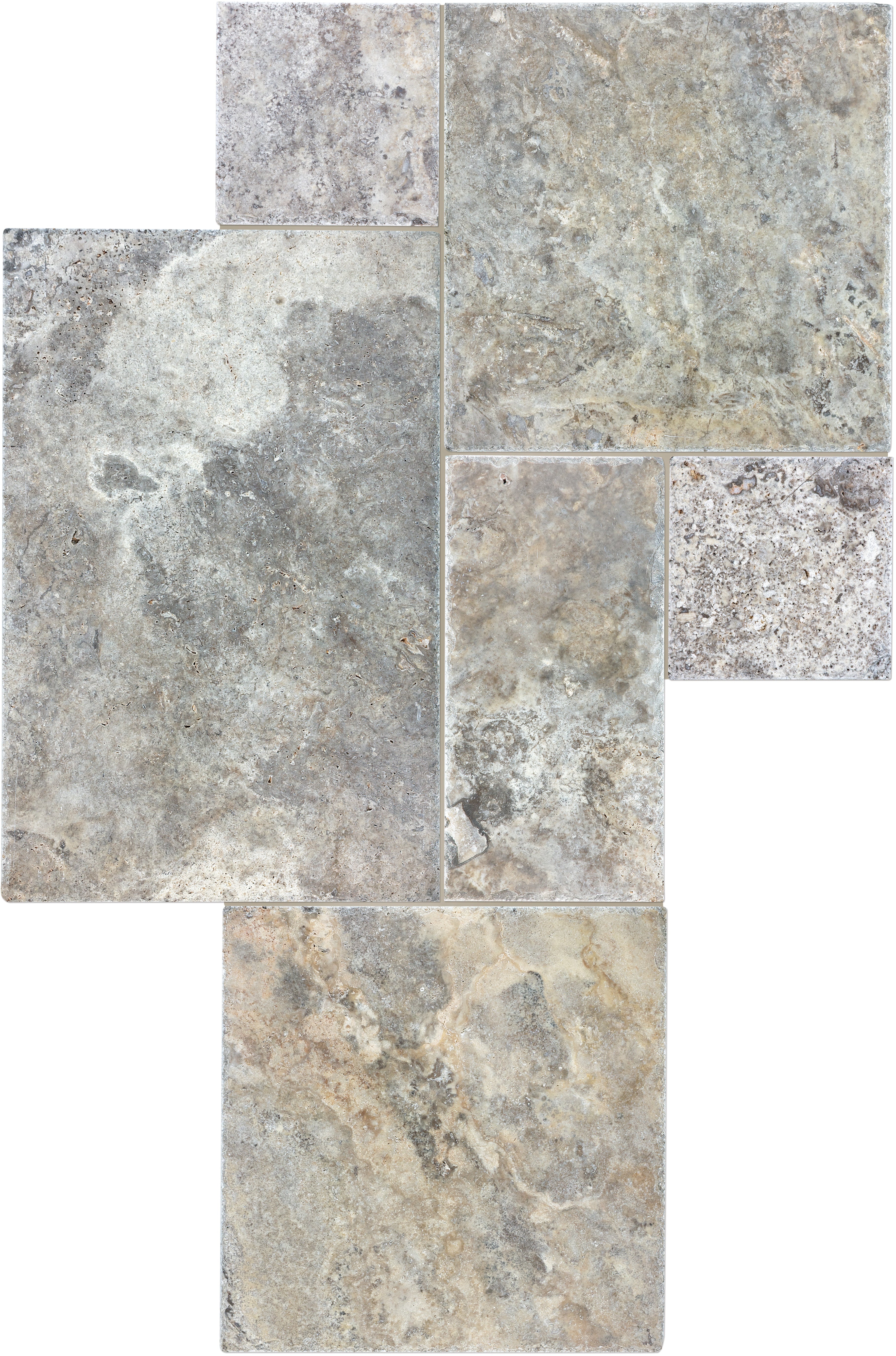 SILVER ASH: Cobble Stone Pattern Set Travertine Field Tile (15 31/32"×24 1/32"×1 13/32" | Brushed | Chiseled Rectified)