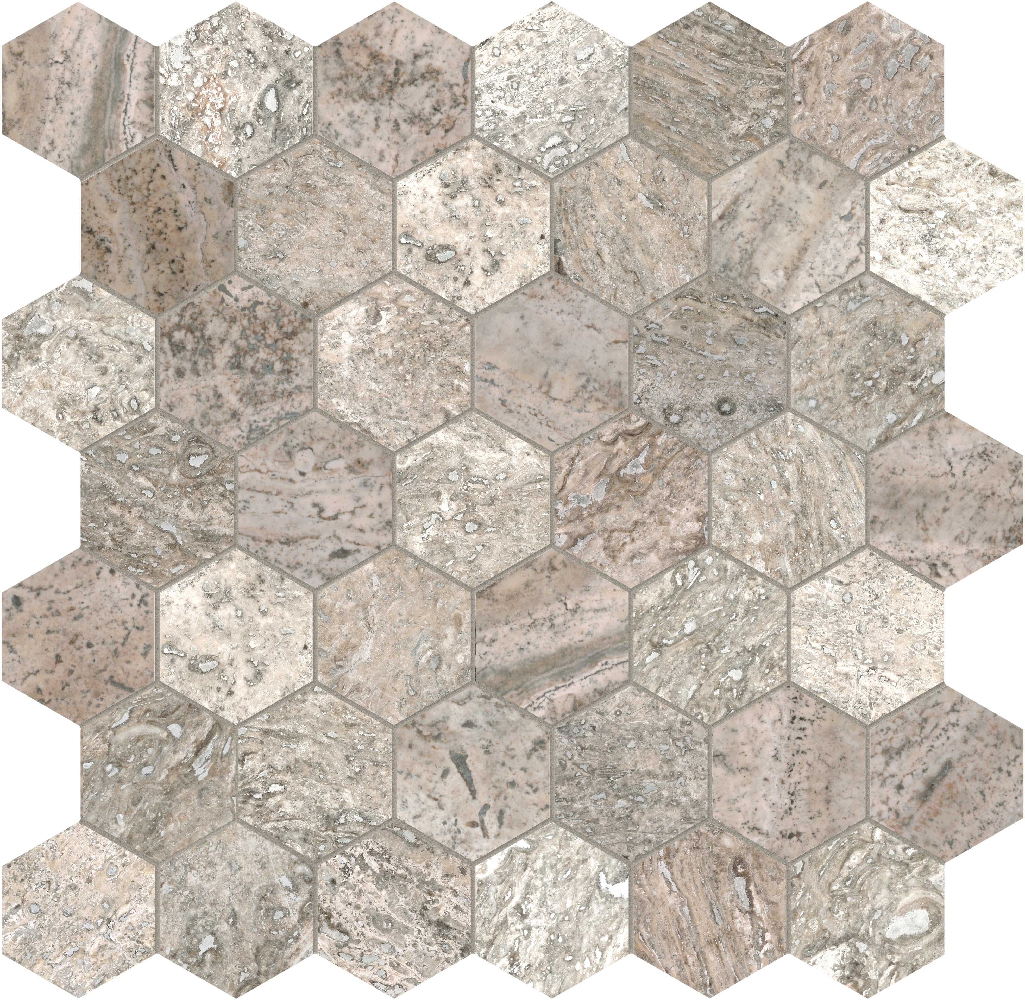 SILVER ASH: 2 Hexagon Travertine Mosaic (11 7/8"×12"×3/8" | Filled & Honed | Rectified)