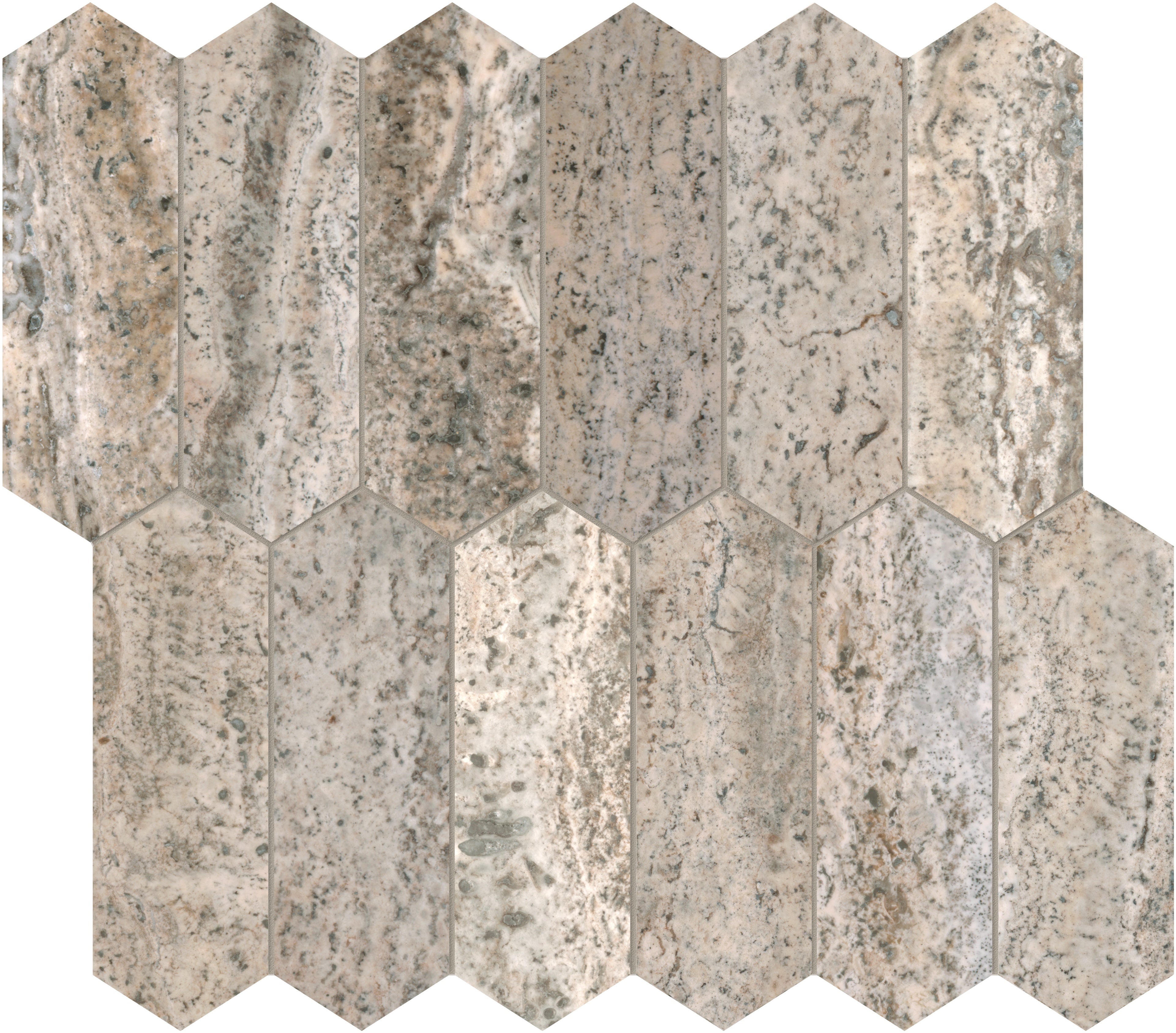SILVER ASH: 2x6 Picket Travertine Mosaic (10 5/8"×11 13/16"×3/8" | Filled & Honed | Rectified)