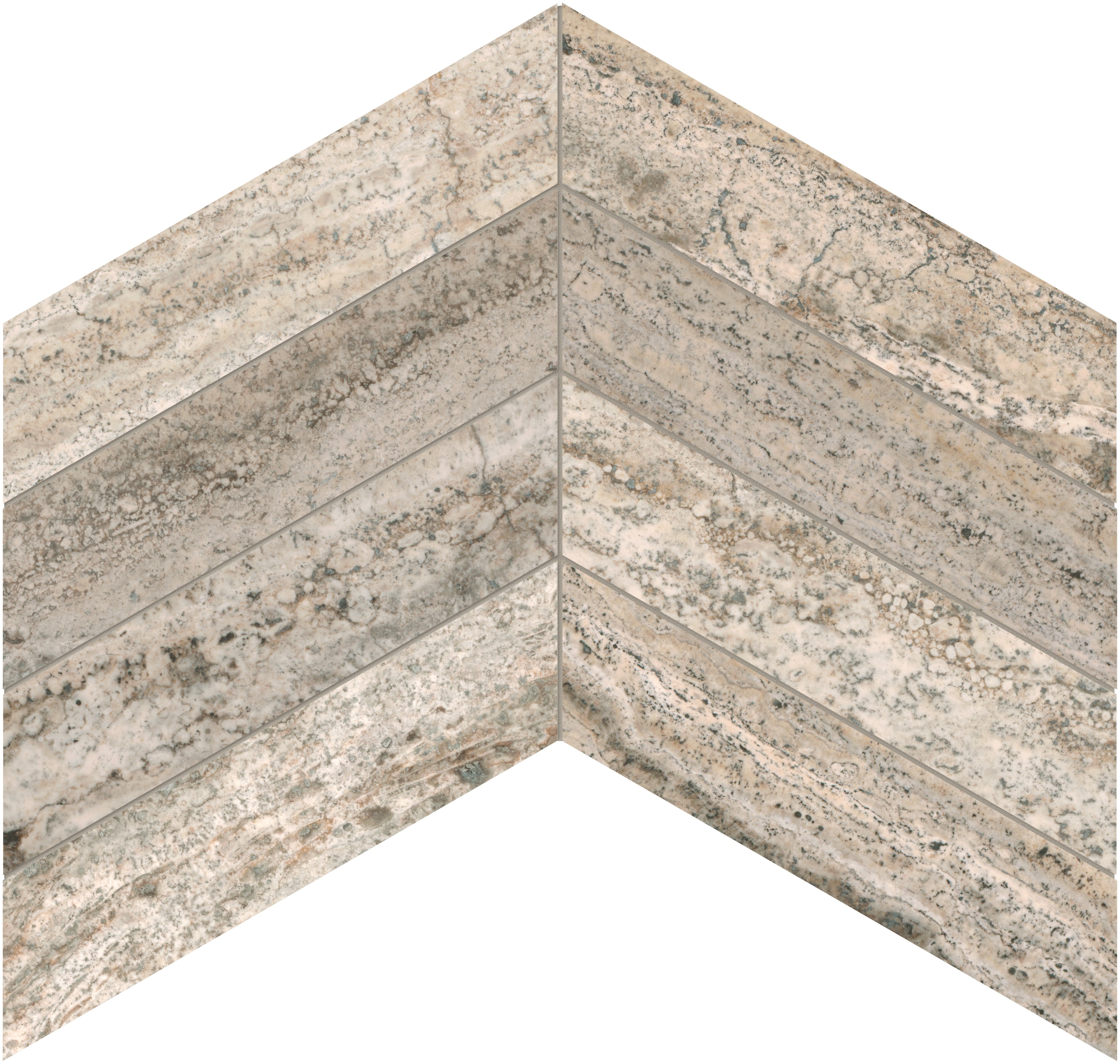 Silver Ash travertine mosaic by Anatolia, top-down product view, 9 27/32"×14 9/16"×3/8" size. Turkish travertine for floors and walls.